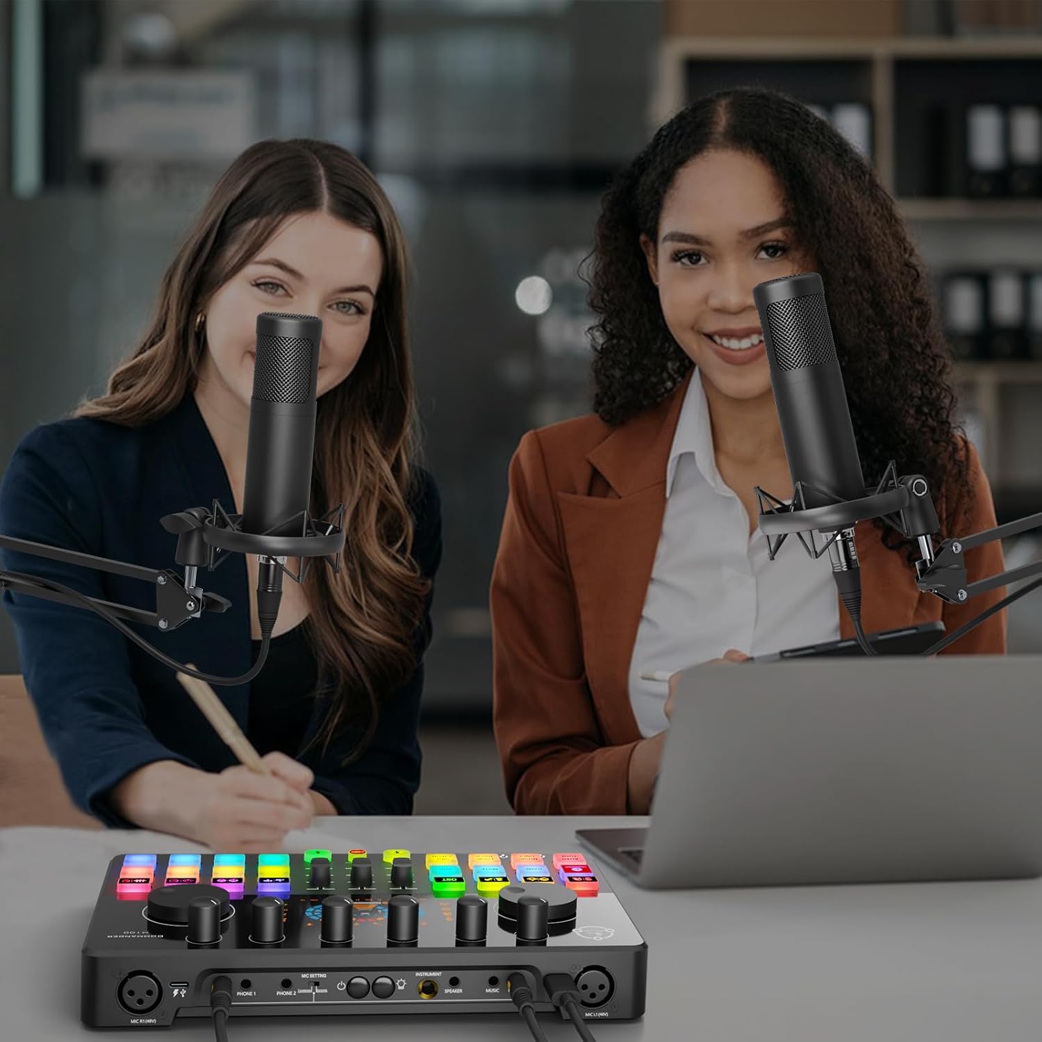 Podcast Equipment Bundle for 2, Audio Interface with Condenser Microphone, Voice Change, DJ Mixer for Streaming, Podcast Recording COMMANDER M100 3rd