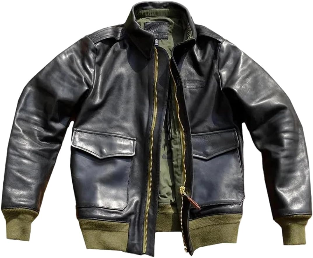 Men Military Style Plus Size Genuine Natural Cowhide Turn-Down Collar Flight Black Winter Leather Jacket Coat