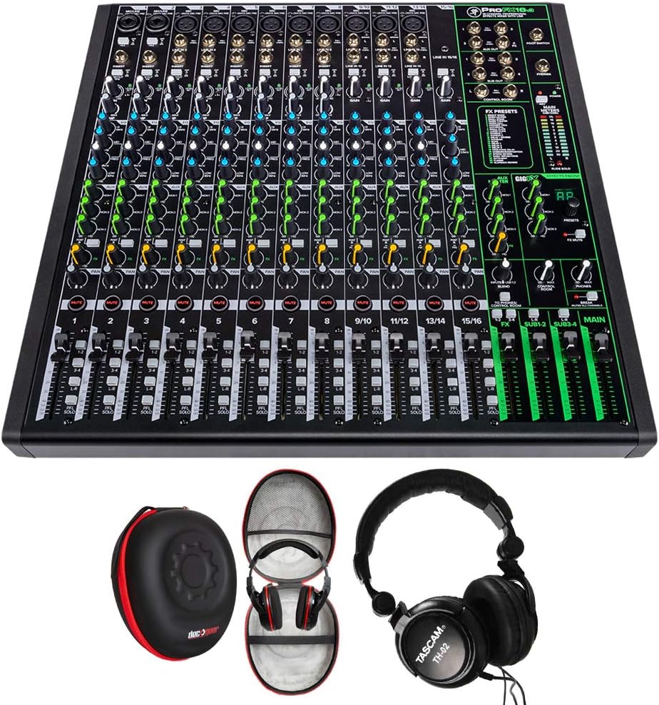Mackie ProFX16v3 16 Channel Professional Effects Mixer with USB Bundle With Tascam Closed-Back Pro Headphones & Deco Gear Hard Case (3 Items)