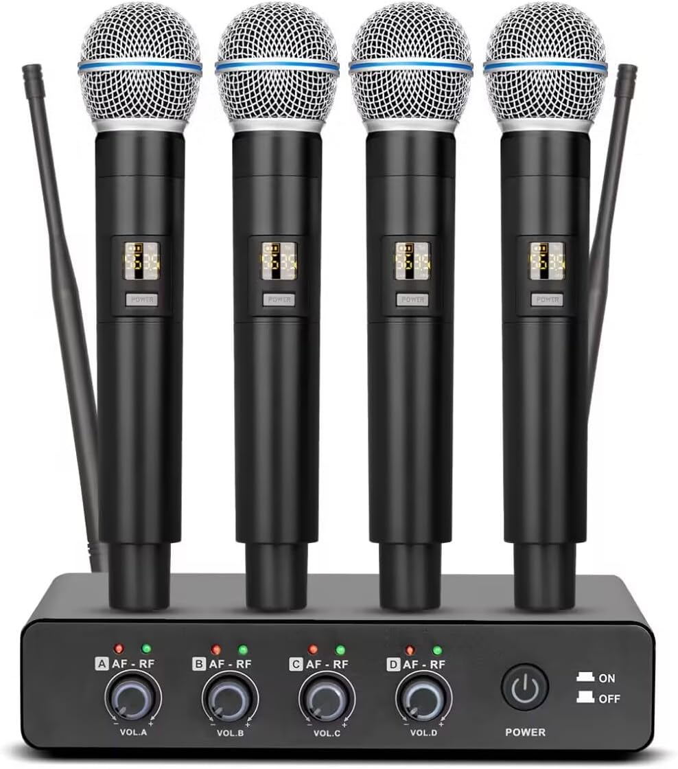 B-2000 Professional Wireless Microphone System – 4 Cordless Handheld Mics, Perfect for Karaoke Parties, Church Services, Meetings, and More! Compatible with TVs and Speakers