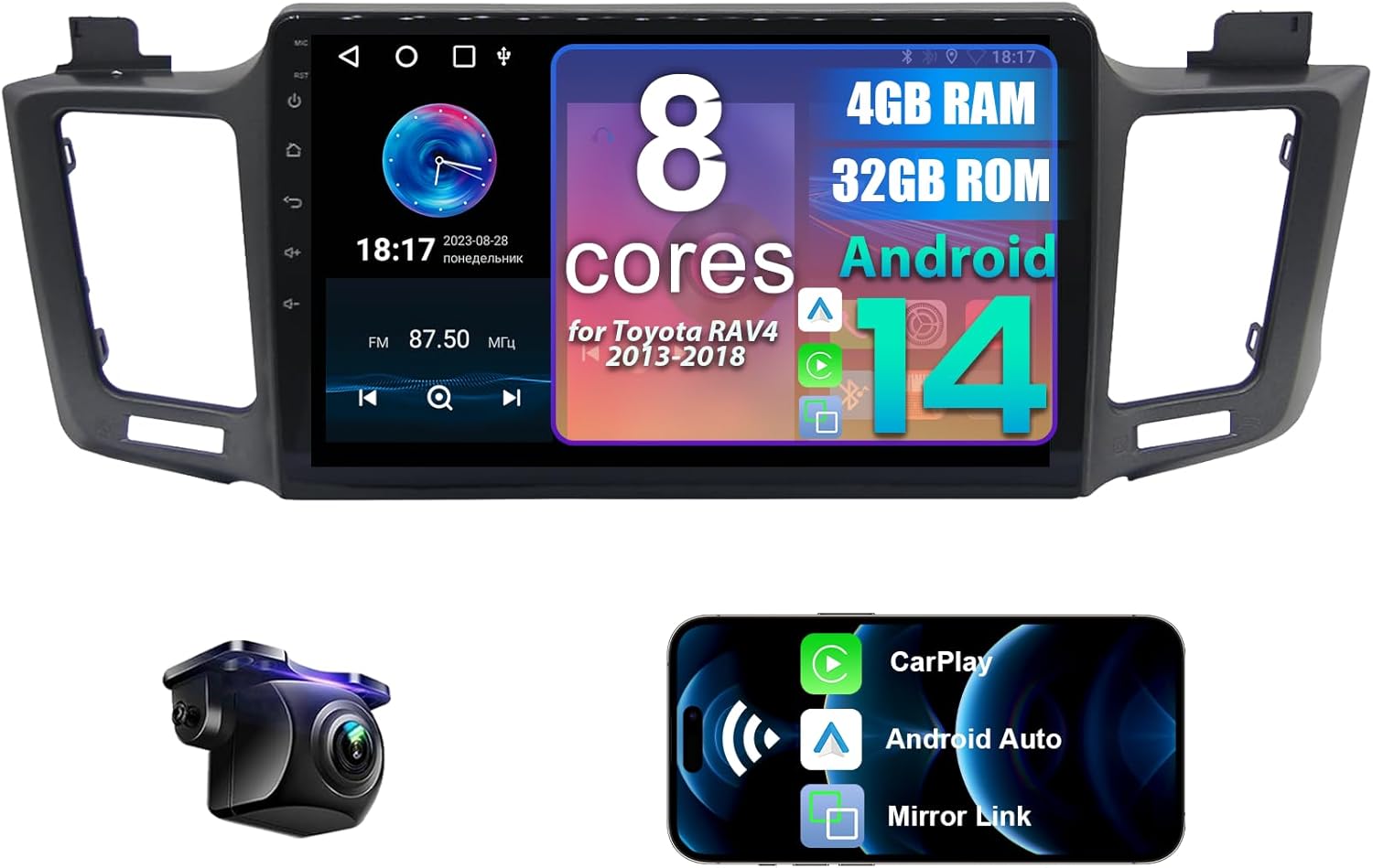 8 Core Android 14 Car Radio for Toyota RAV4 2013-2018 4+32G with Wireless CarPlay & Android Auto, 10.1
