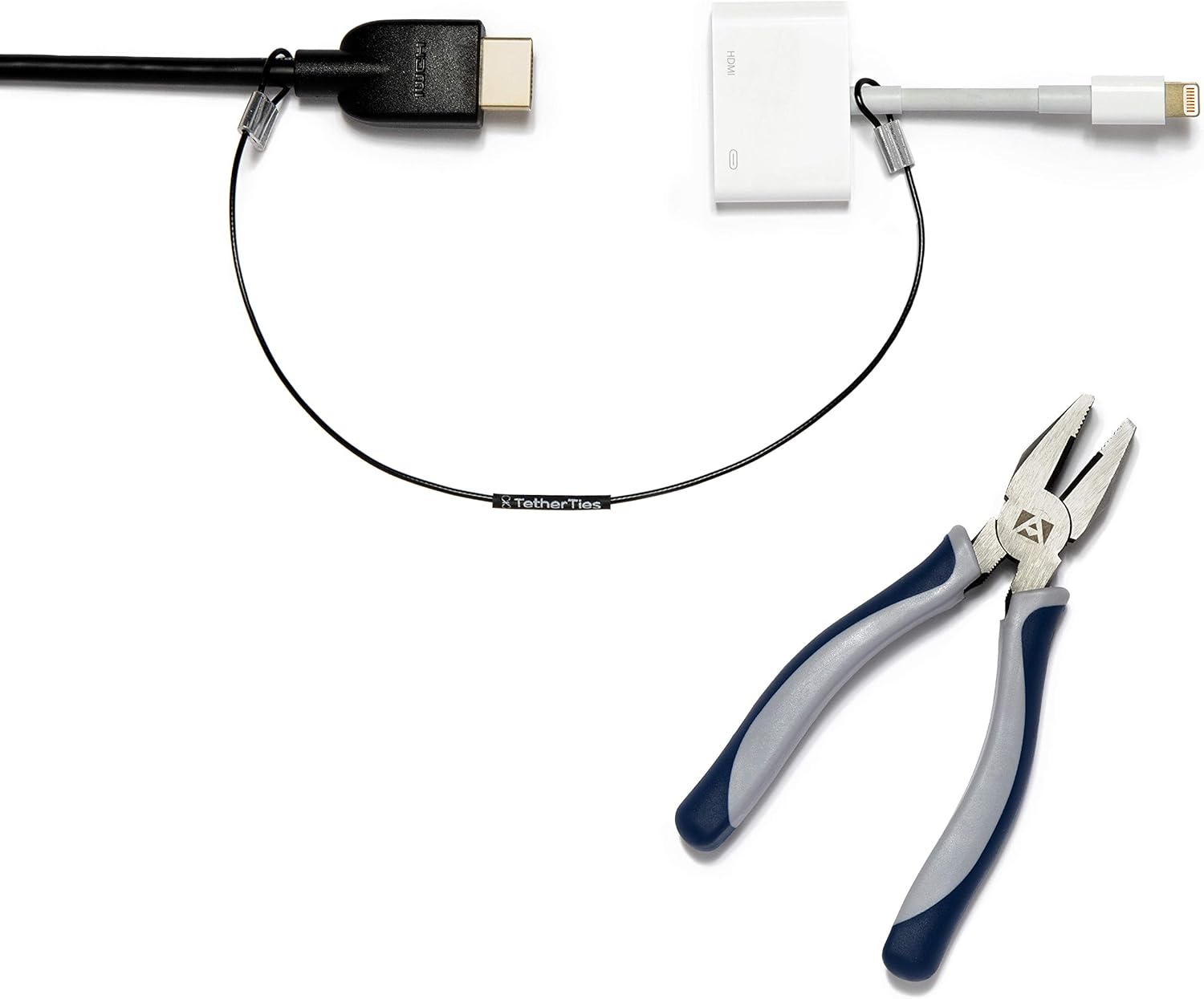 Patented Pre-Assembled Adapter Ties - Anti-Theft Cable Locks for Tools, Dongles, Tethers, Computer adapters. Steel Cable, Security Lock, Easy Installation with Free Crimping Tool
