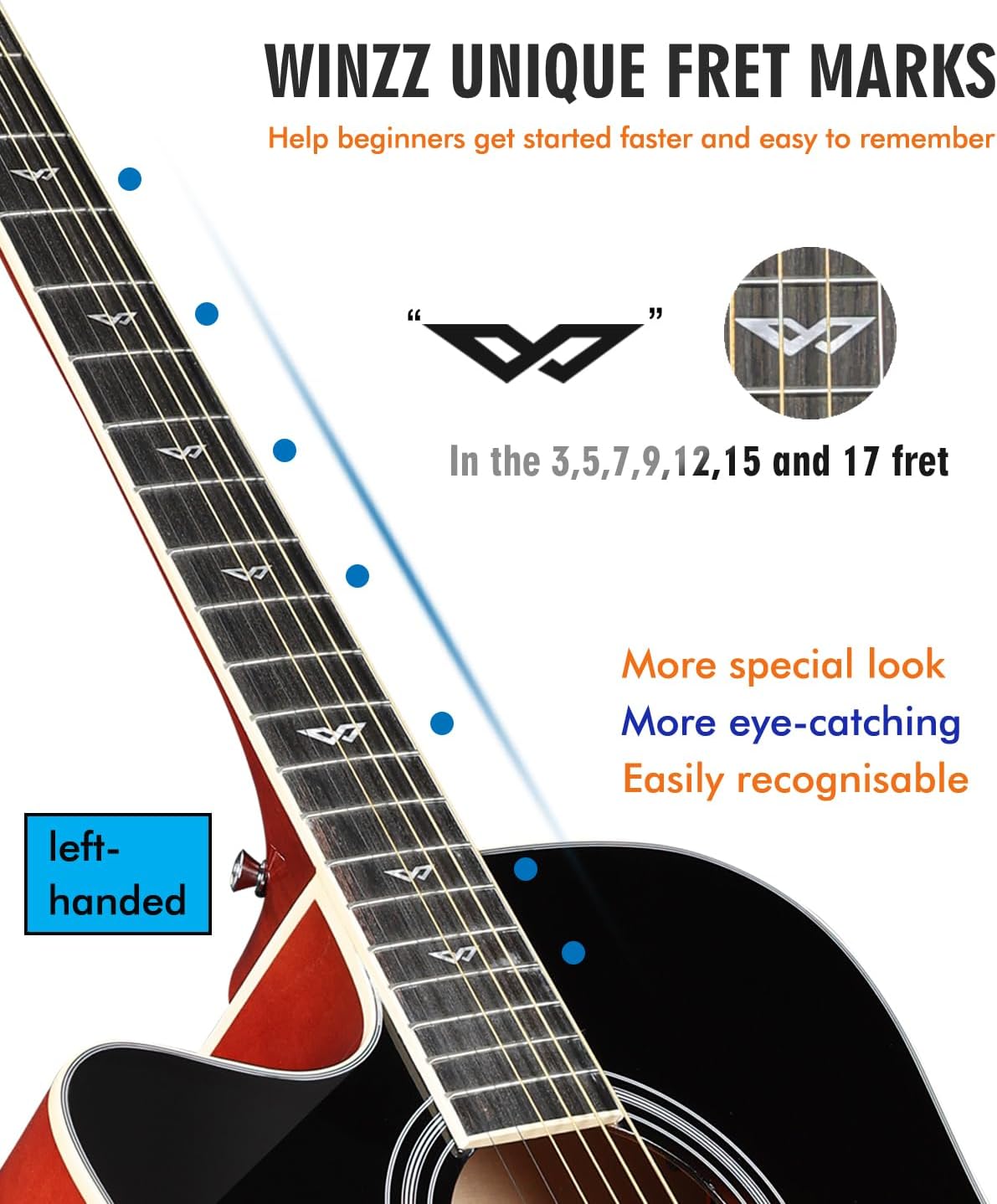 Winzz 4/4 Electro Acoustic Guitar, Left-Handed Western Guitar Set, Adult Beginners, Acoustic Guitar 41 Inch with 4-Band Equaliser (Dreadnought,Glossy Sunburst)