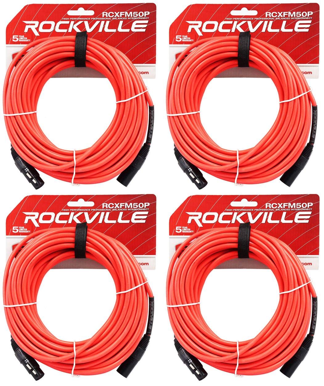 4 Rockville RCXFM50P-R Red 50' Female to Male REAN XLR Mic Cables 100% Copper