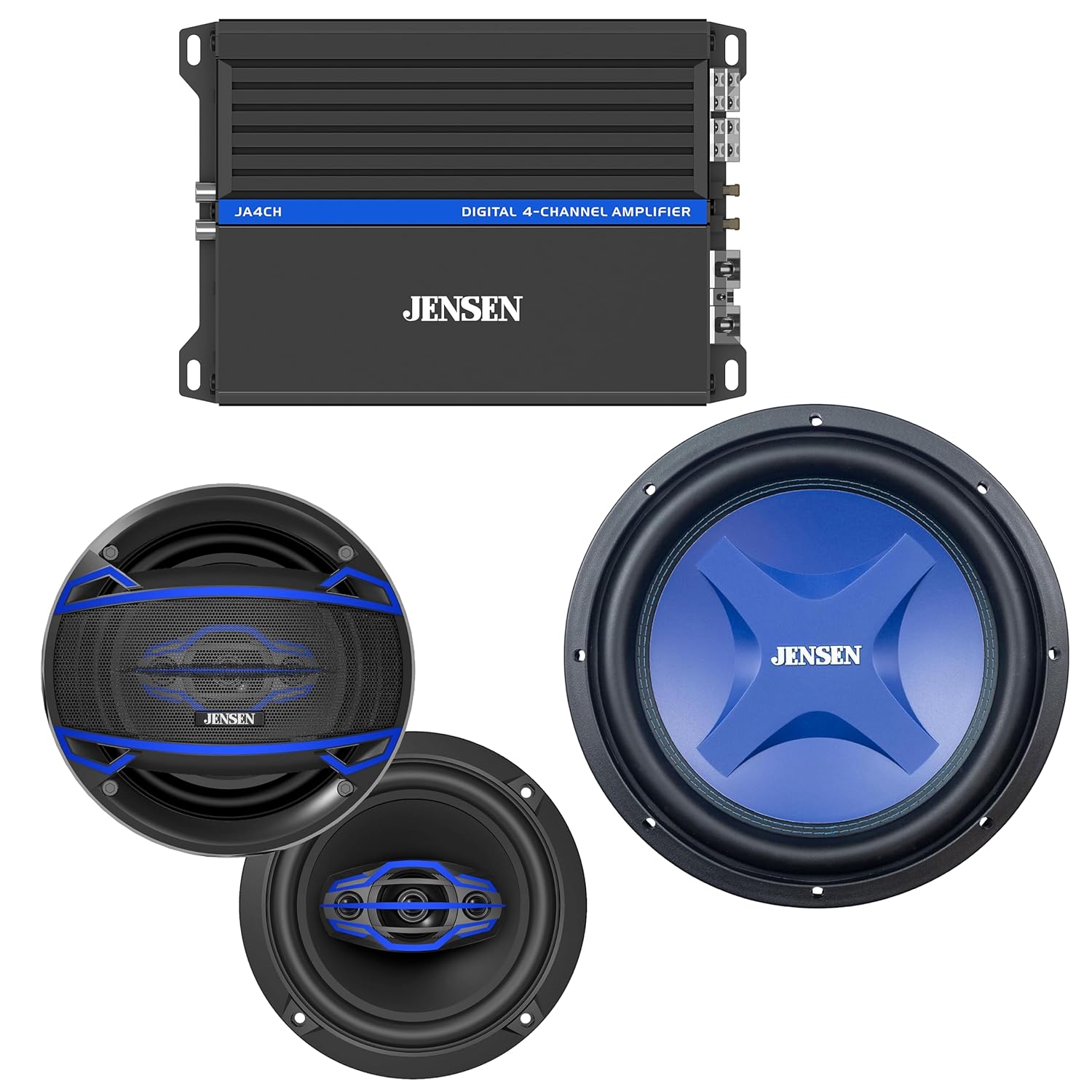 Jensen Class-D 4-Channel Amplifier with 4-Way 6.5 inch Car Door Audio Speakers Pair and 12-Inch Subwoofer Bundle