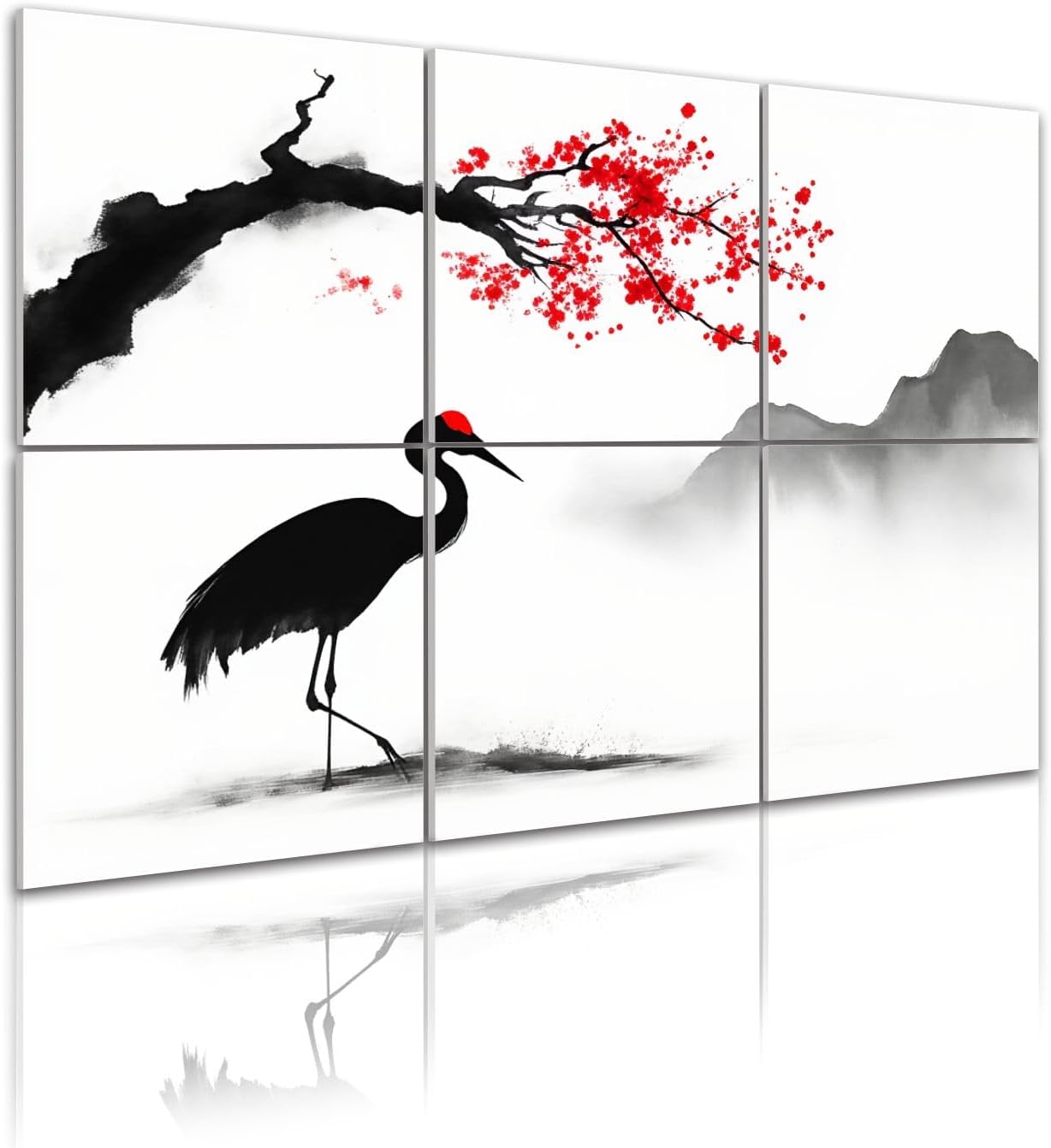 6 Pack Art Acoustic Panels Self Adhesive Japanese Crane Blossoming Cherry Tree Minimalist Ink Art Decorative Soundproof Wall Panels Sound Absorbing Panel 48
