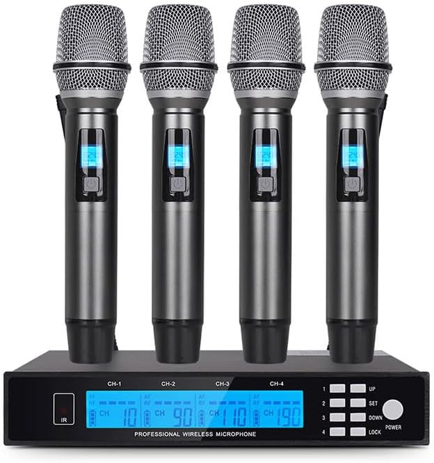 4-Channel UHF Wireless Mic System, Adjustable Frequency, 4 Metal Moving Coil Handheld Mics, 160ft Range, for Church, KTV, Events