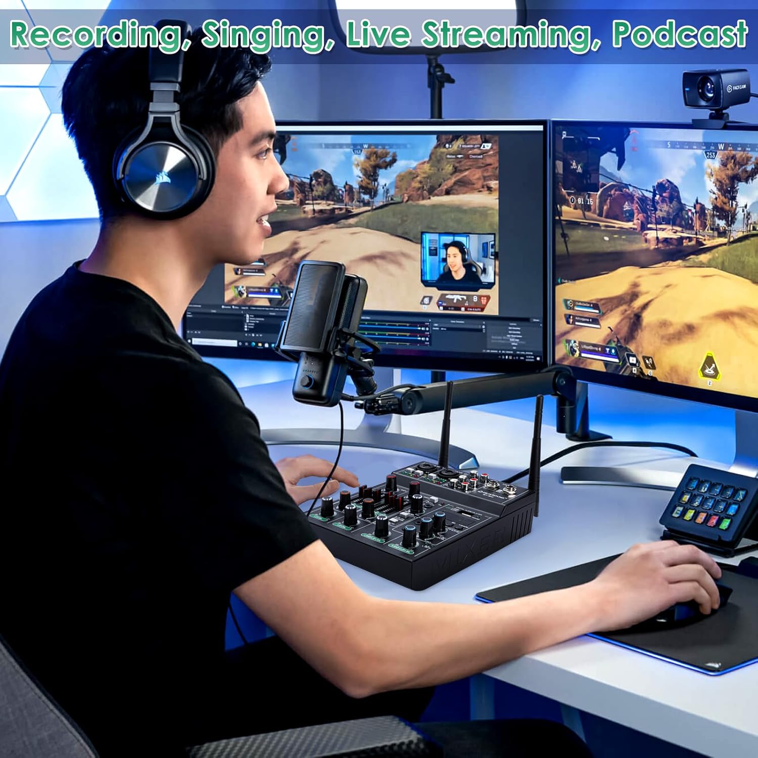 Pro 5 Channel Audio Mixer Mic Set for Live Streaming, Family Karaoke, Studio Recording, Bluetooth Dual Wireless Microphone System with USB Interface & 48V Phantom Power