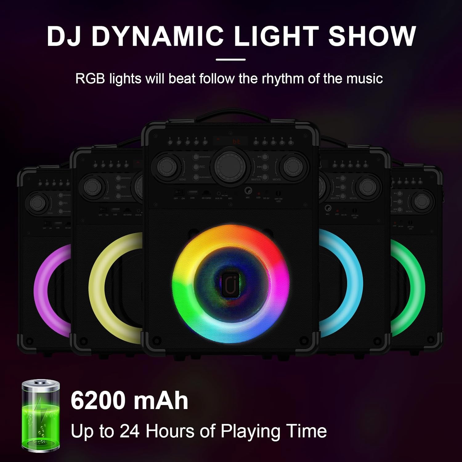 Karaoke Machine with 2 Wireless Microphones for Adults, Portable Bluetooth Party Speaker with Echo Adjustment, Singing Machine Support TWS/USB/TF Card/Guitar/TV Connected for Outdoor/Events etc