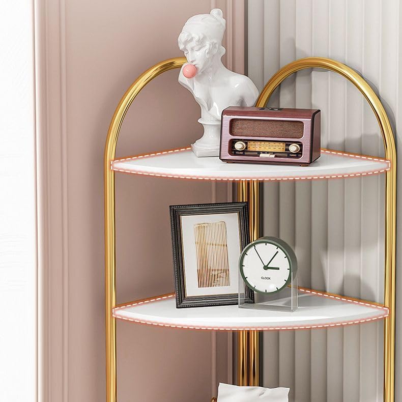 KWOKING Scandinavian Open Corner Bookshelf Metal Frame MDF Bookcase Triangle Corner Cabinet Shelf Corner Storage Living Room Bedroom Side Cabinet Shelf Rack White Gold 16