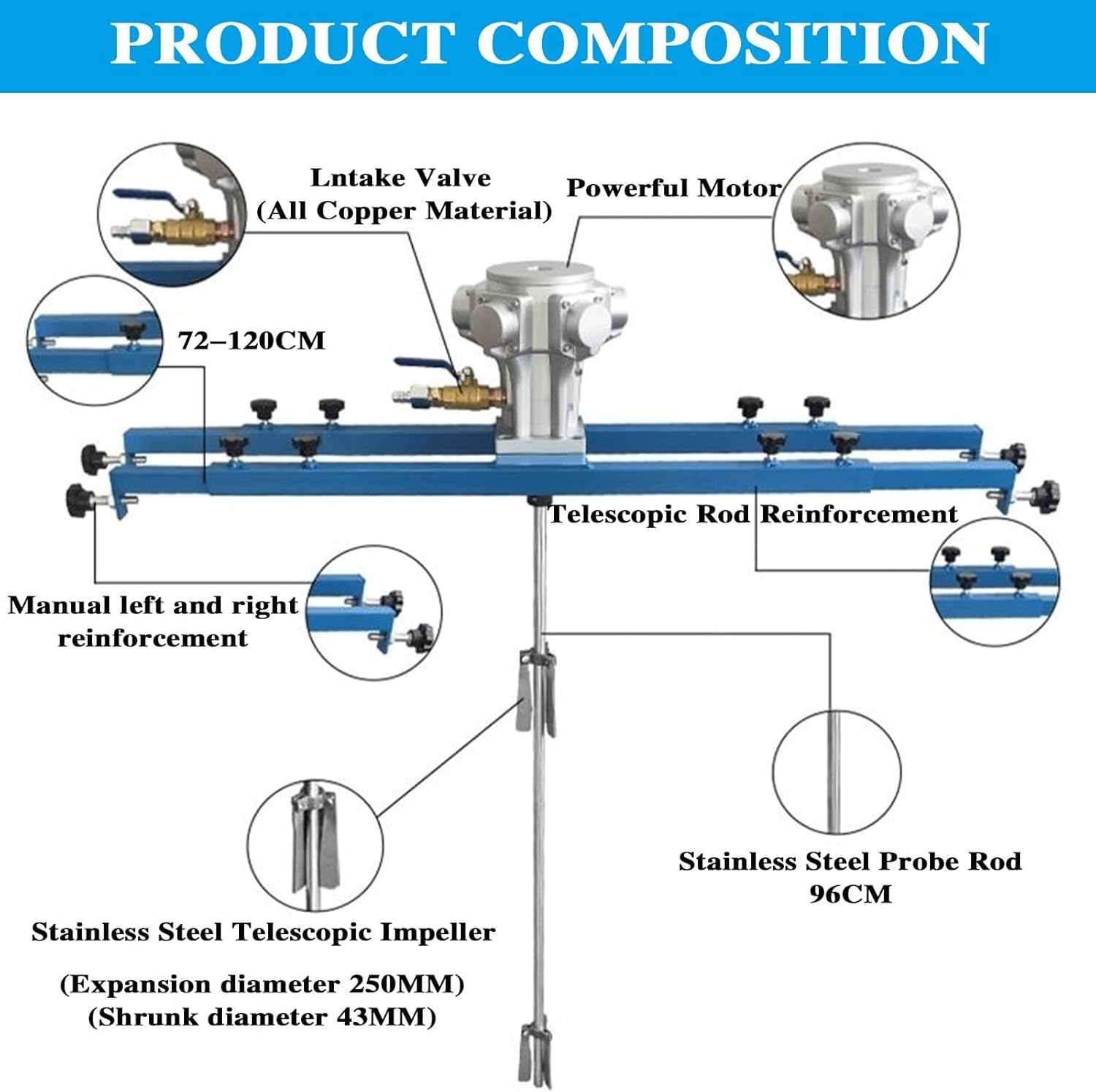 0-1300 RPM Pneumatic Paint Mixer Air Agitators, 1HP Tank Paint Mixer Machine, Pneumatic Agitator with Support Hanger, for Ink Dissolver Agitator