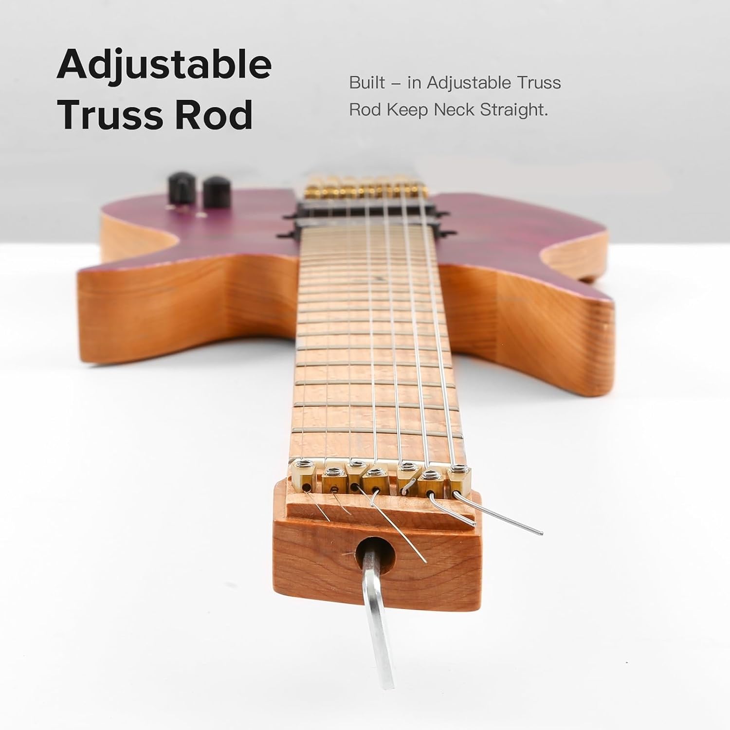 Headless Electric Guitar 7 String Fanned Stainless Steel Fret Headless Electric Travel Guitar Ash Wood with Flame Maple Veneer