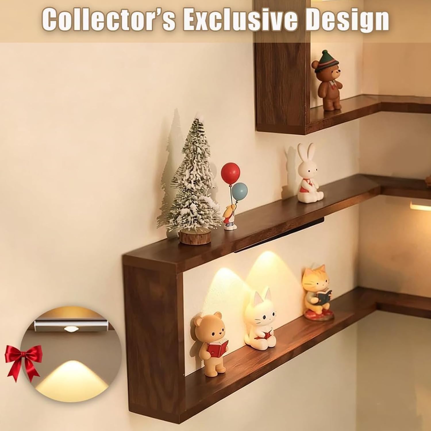 Illuminated Corner Shelf with Remote, Smart Shelves That Light up Your Space, Wooden Corner Wall Shelve with Light for Figurines and Collectibles (2pc with 4 Smart Sensor Lights)
