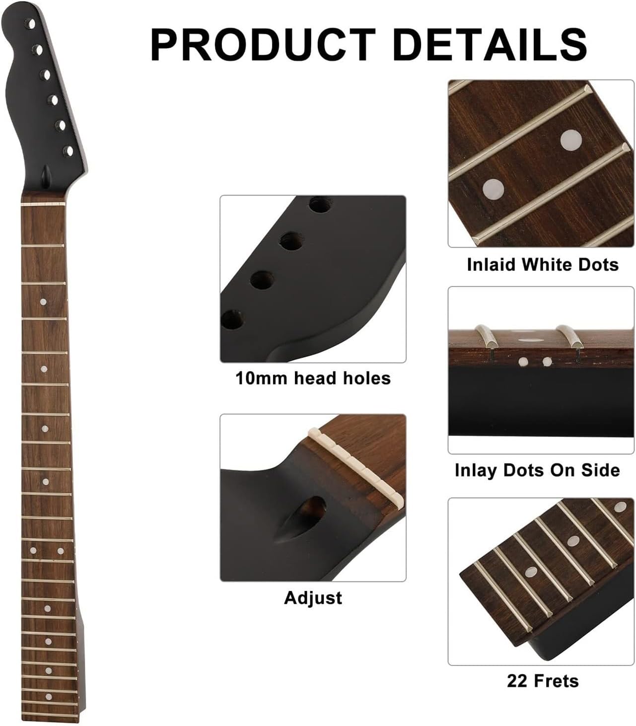 22 Fret Left-Hand Electric Guitar Neck (Maple Headstock, Rosewood Fretboard) – Black Replacement for TL Style Guitars