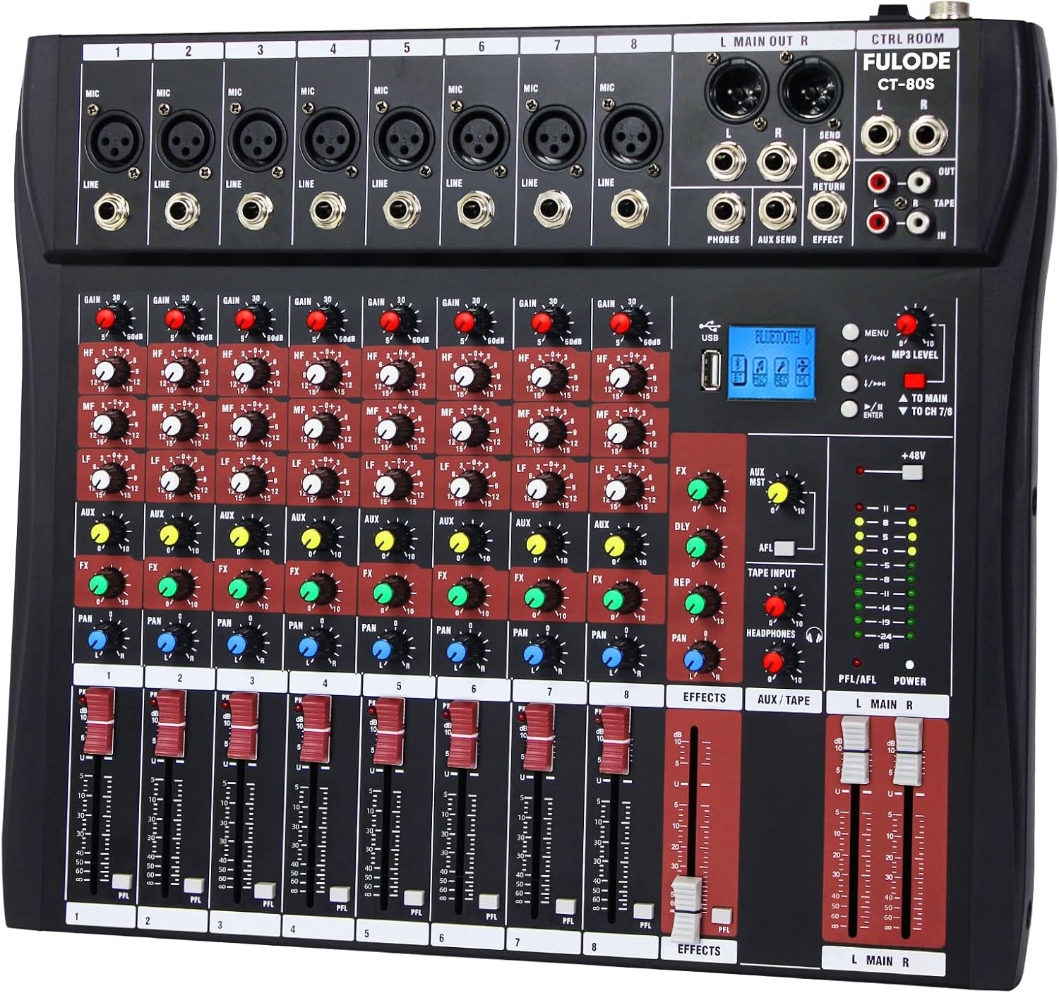 Audio Mixer 8 Channel, CT-80S Professional Sound System Mixer Board DJ Mixing Console with Reverb MP3 Player Bluetooth 48V Phantom Power Supply USB Recording for Studio Karaoke Live Music