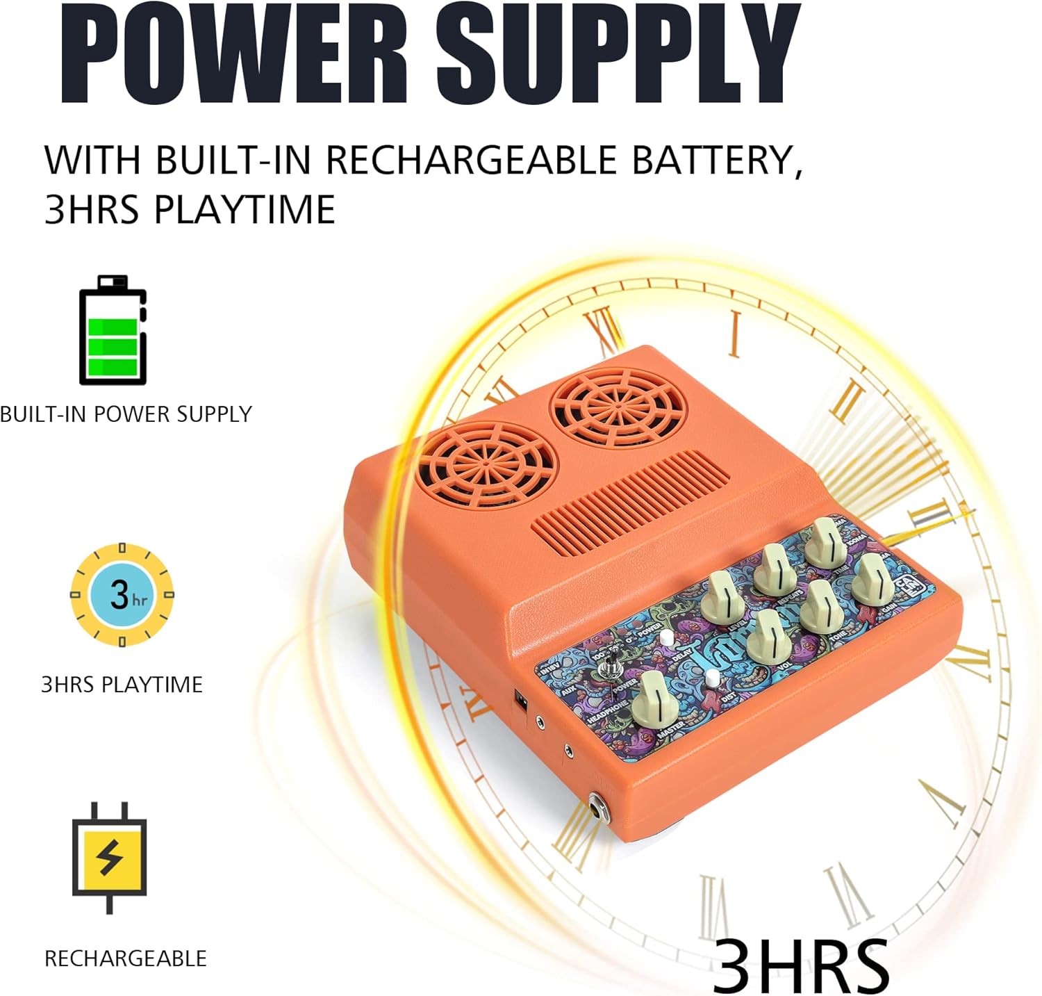 Caline 20W Electric Guitar Amp and Bass Amplifer Kits Rechargeable Mini Guitar Amplifer Combo for Desktop Practice with Distortion, Delay, Aux in and Headphone Jack