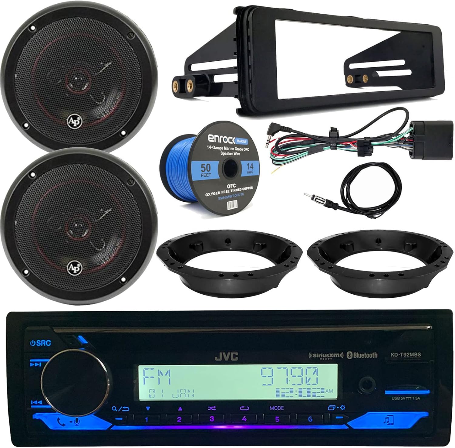 Motorcycle Stereo Package - CD Player Bluetooth Marine Receiver, 2X 6.5 Audiopipe Speakers, Dash Radio Install Kit, Speaker Adapters, Speaker Wire, Antenna (98-13 Models)