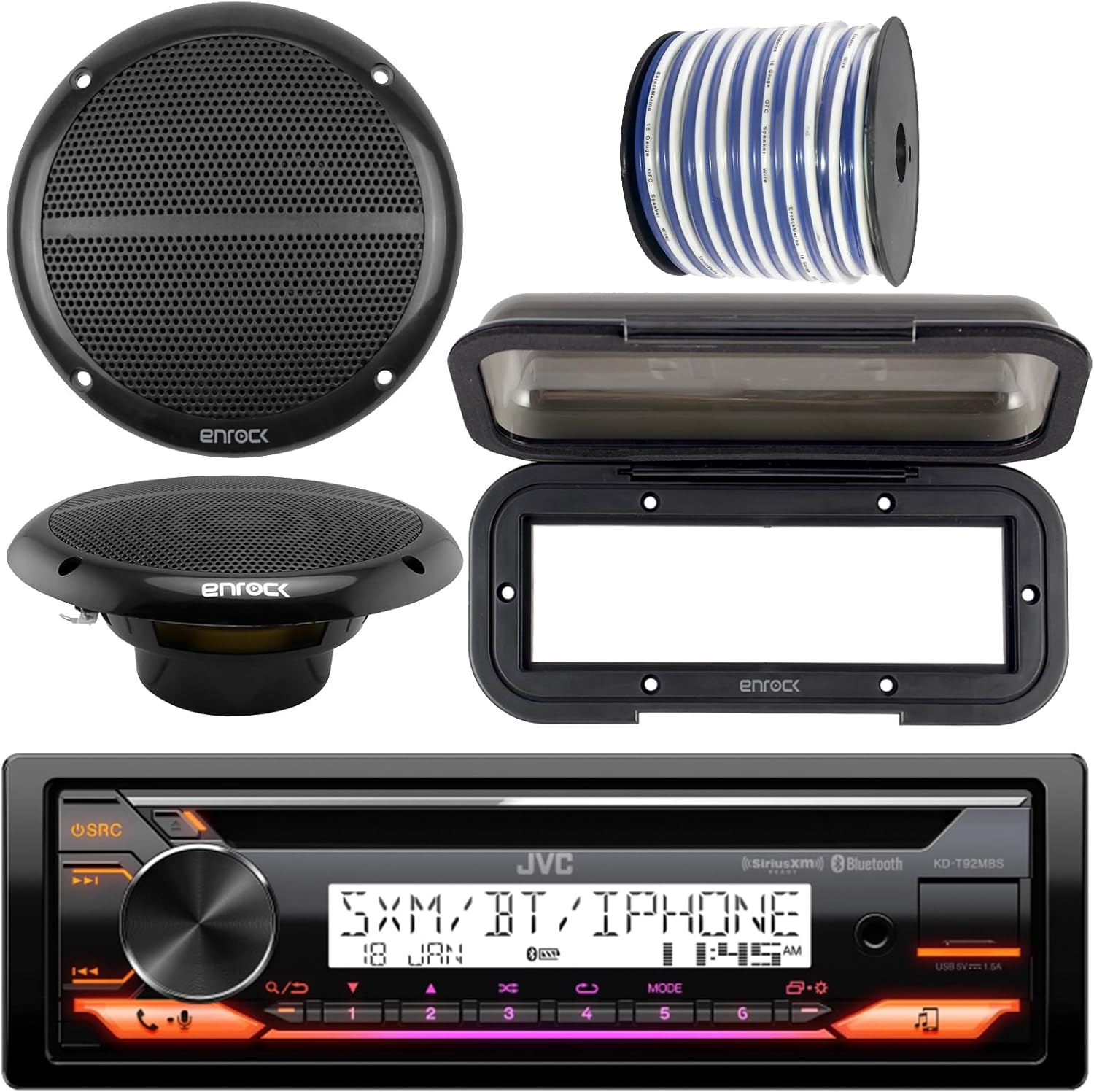 JVC KD-T92MBS Single DIN Marine Motorsports Bluetooth AM/FM USB AUX CD Player Stereo Receiver, 6.5