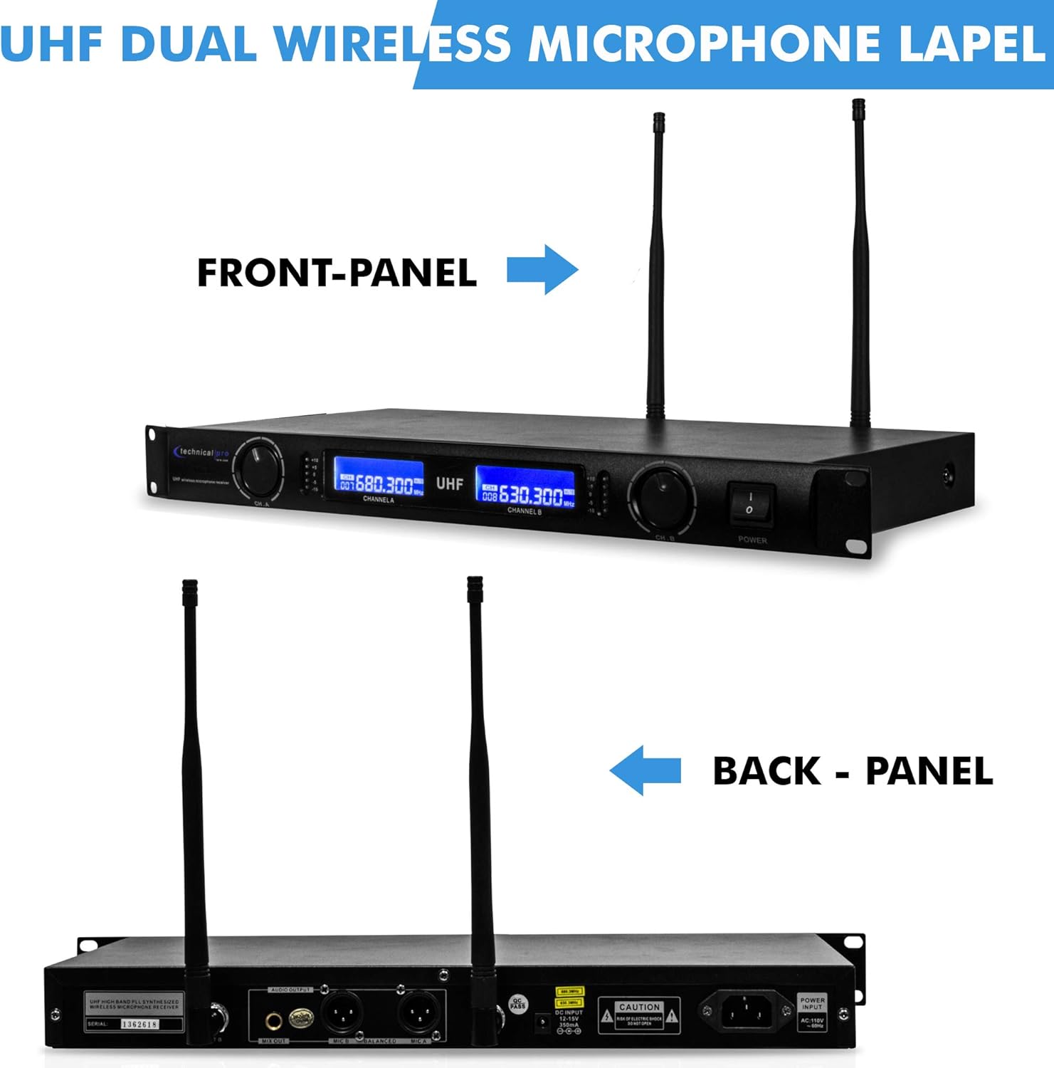 Technical Pro Professional UHF Wireless Microphone Lapel & Headset System with Dual UHF Mics, Individual XLR, LCD Display, LED Meter, Mount Bracket, UHF High Band Frequency