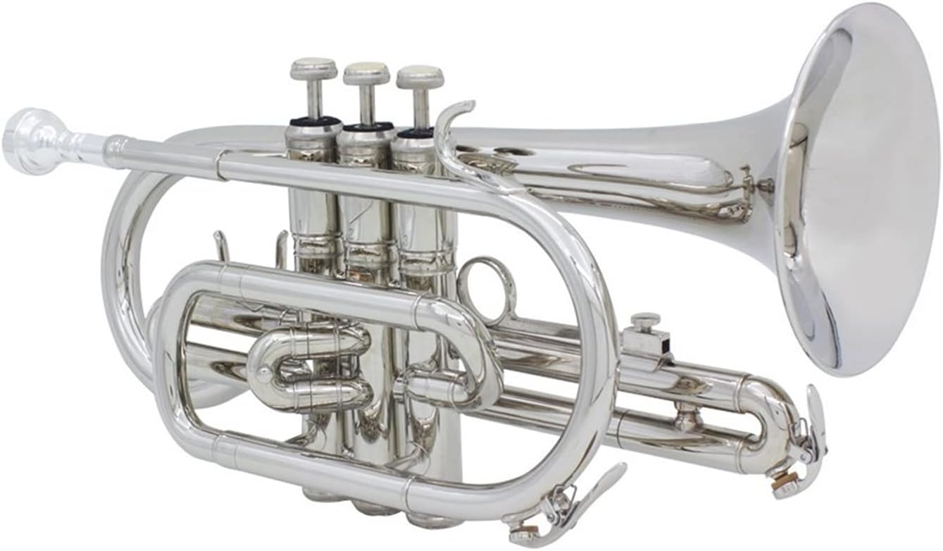 FLFL Student Trumpet Silver Professional Bb Flat Cornet Brass Instrument with Carrying Case Gloves Cleaning Cloth Brushes
