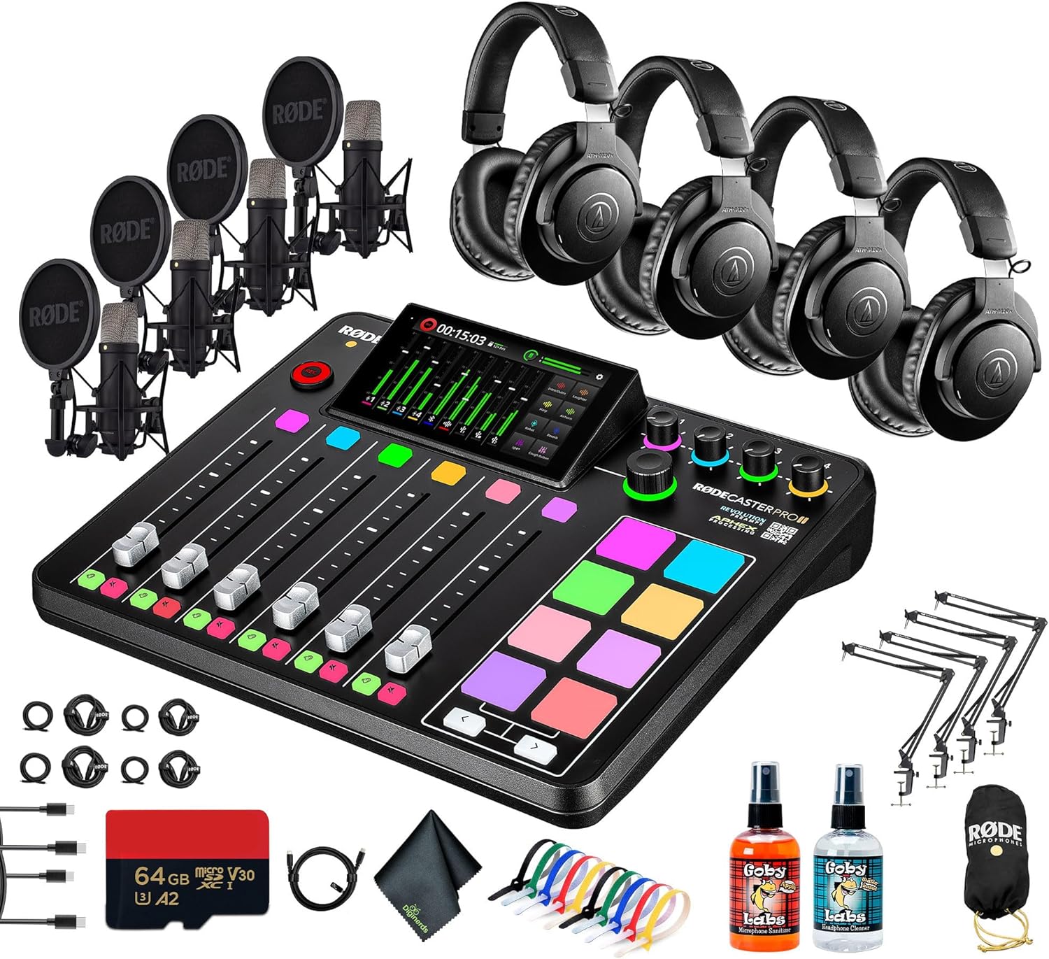 RODE RODECaster Pro II + 4x Studio Headphones + 4x RODE NT1 5th Gen Podcast Microphone + 64GB Micro SD Memory Card + 4 x Mic Arm Stand + Cable Ties + Sanitizer Spray + More (Bundle)