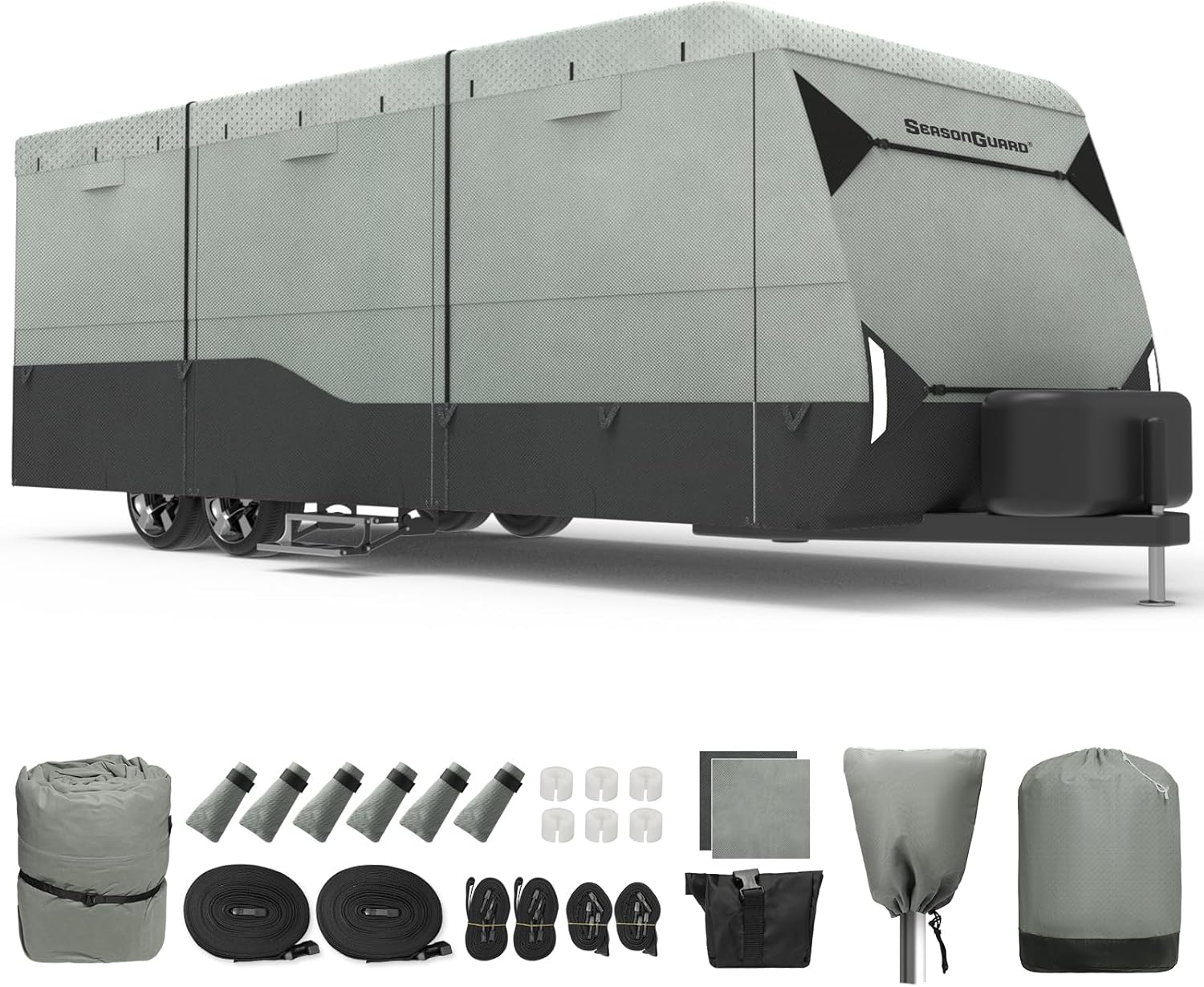 Season Guard RV Cover - 7-Layer Waterproof Camper Cover for Travel Trailers, Heavy-Duty UV Resistant, Windproof Straps, Zipper Access, with Storage Bag & Repair Patches