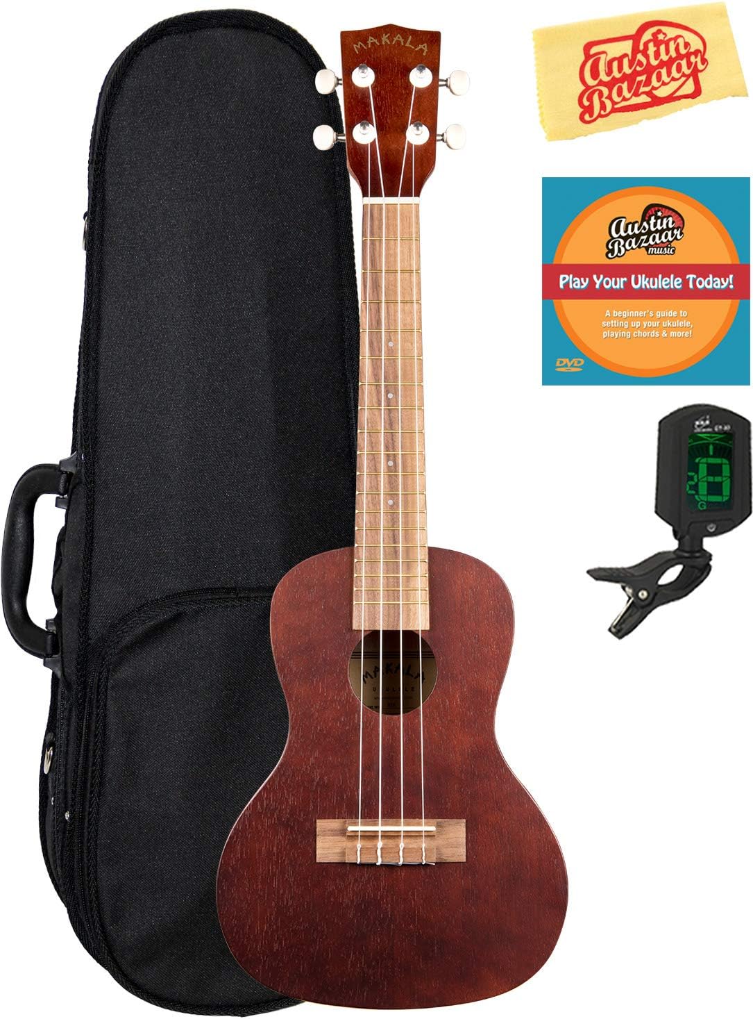 Kala MK-C Makala Concert Ukulele Bundle with Case, Tuner, Austin Bazaar Instructional DVD, and Polishing Cloth