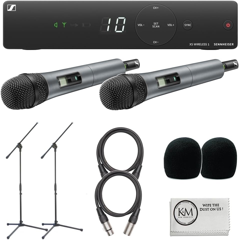 Sennheiser XSW 1-825 Dual-Vocal Set with Two 825 Handheld Microphones | A: 548 to 572 MHz Bundle with 2 XLR Cables + 2 x Windscreens + Microphone Stand + Cleaning Cloth (8 Items)