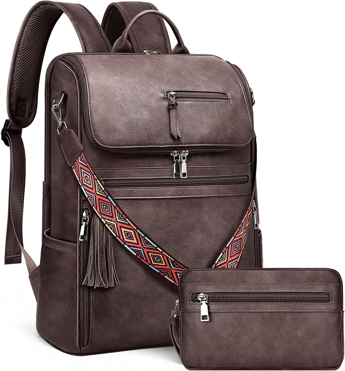 Leather Laptop Backpack for Women Designer Laptop Bag, 16.5 inch Travel Computer Backpacks Purse with Tassel for Work Business with Satchel Purse Dark Coffee