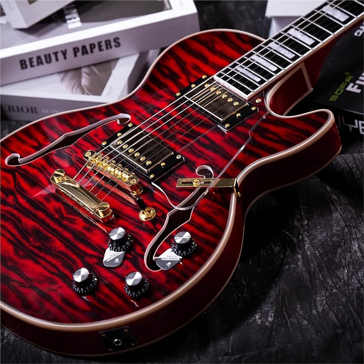 Beginner Electric Guitar Kits Semi Hollow Body Electric Guitar Coils Splitting With Gigbag Vintage Sunburst(Red)