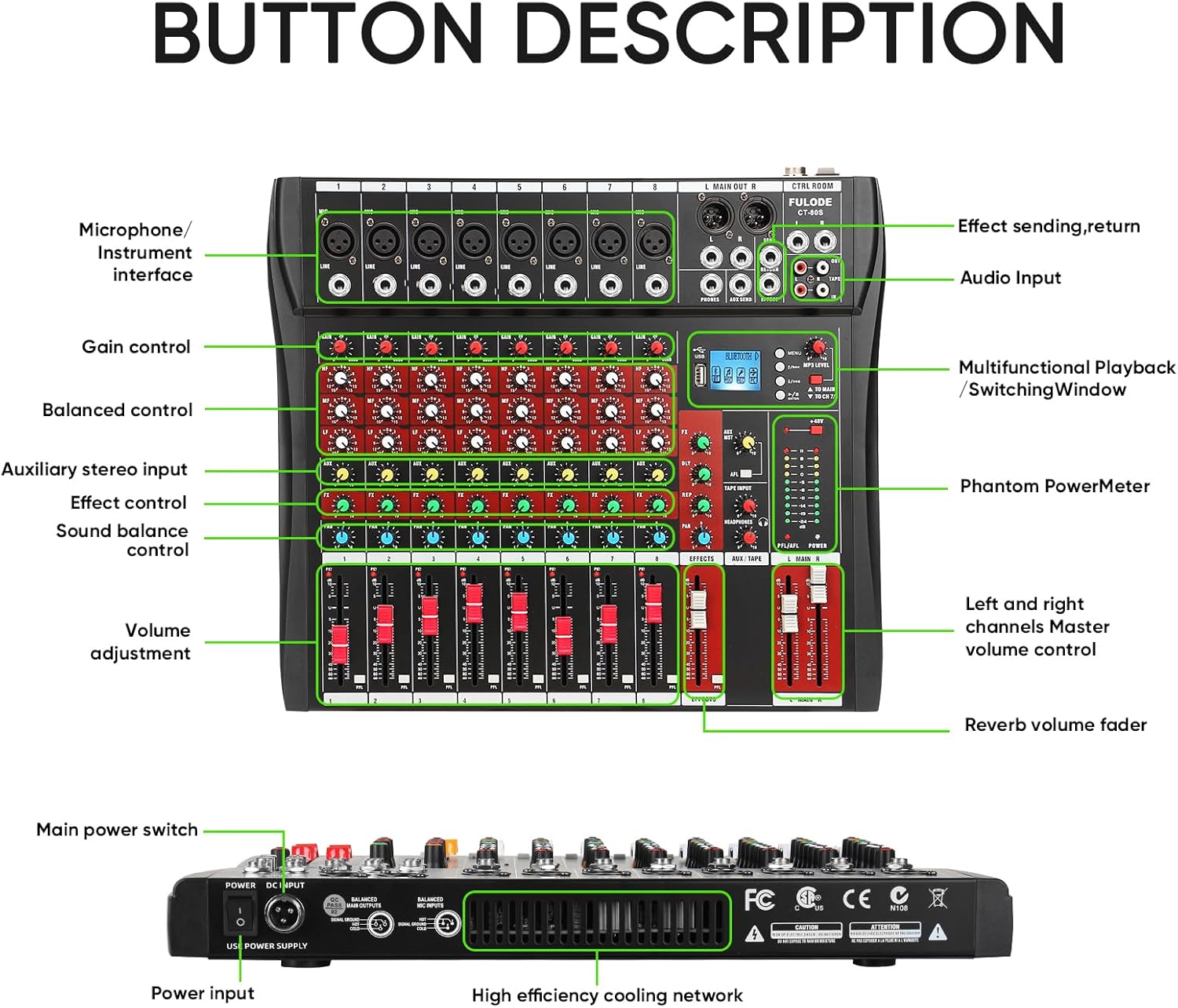 Audio Mixer 8 Channel, CT-80S Professional Sound System Mixer Board DJ Mixing Console with Reverb MP3 Player Bluetooth 48V Phantom Power Supply USB Recording for Studio Karaoke Live Music