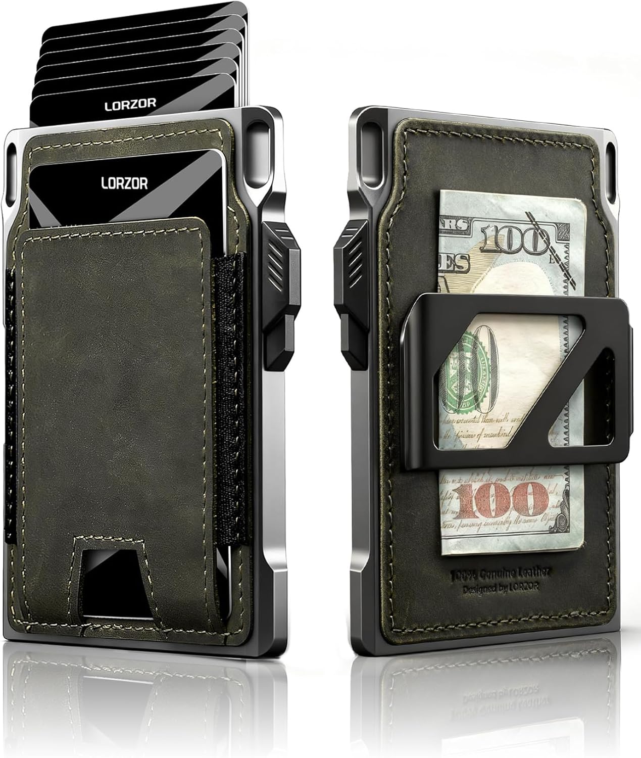 LORZOR Slim Tactical Wallet for Men- Minimalist Full Grain Leather Wallet for 10 Cards, RFID Blocking Aluminum Cardholder, Smart Pop Up Card Case, Front Pocket, Money Clip, Gift for Men(ArmyGreen)