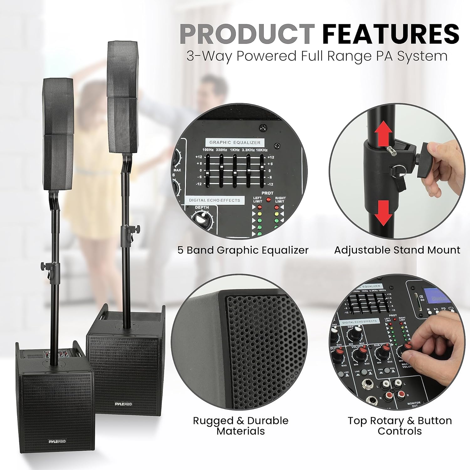 Pyle Line Array Column Speaker - Professional and Compact Sound System with 12 inch Speaker Subwoofer, Streaming, Built-in Digital Audio Amplifier with 5 Band Graphic Equalizer