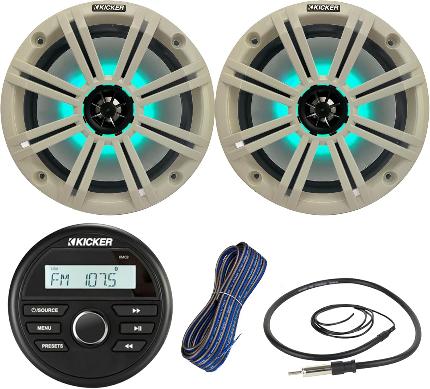 Kicker All-Weather Marine Gauge Style Bluetooth USB Stereo Receiver Bundle Combo with (Qty 2) 8