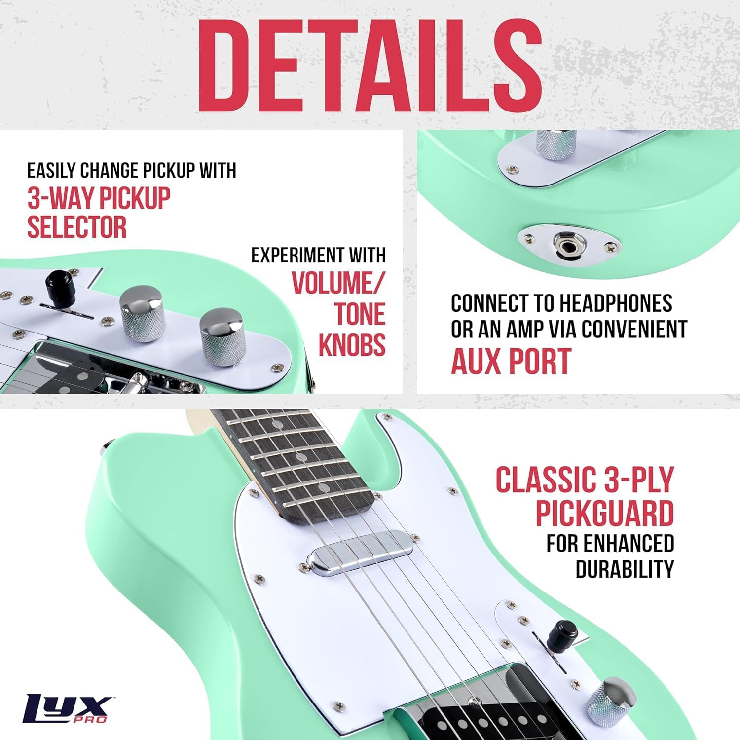 LyxPro 39” Electric Guitar Left Hand TL Series, Full-Size Paulownia Wood Body, 3-Ply Pickguard, C-Shape Neck, Ashtray Bridge - Amp 20 Watt Amplifier Built in Speaker Headphone Jack and Aux Inpu