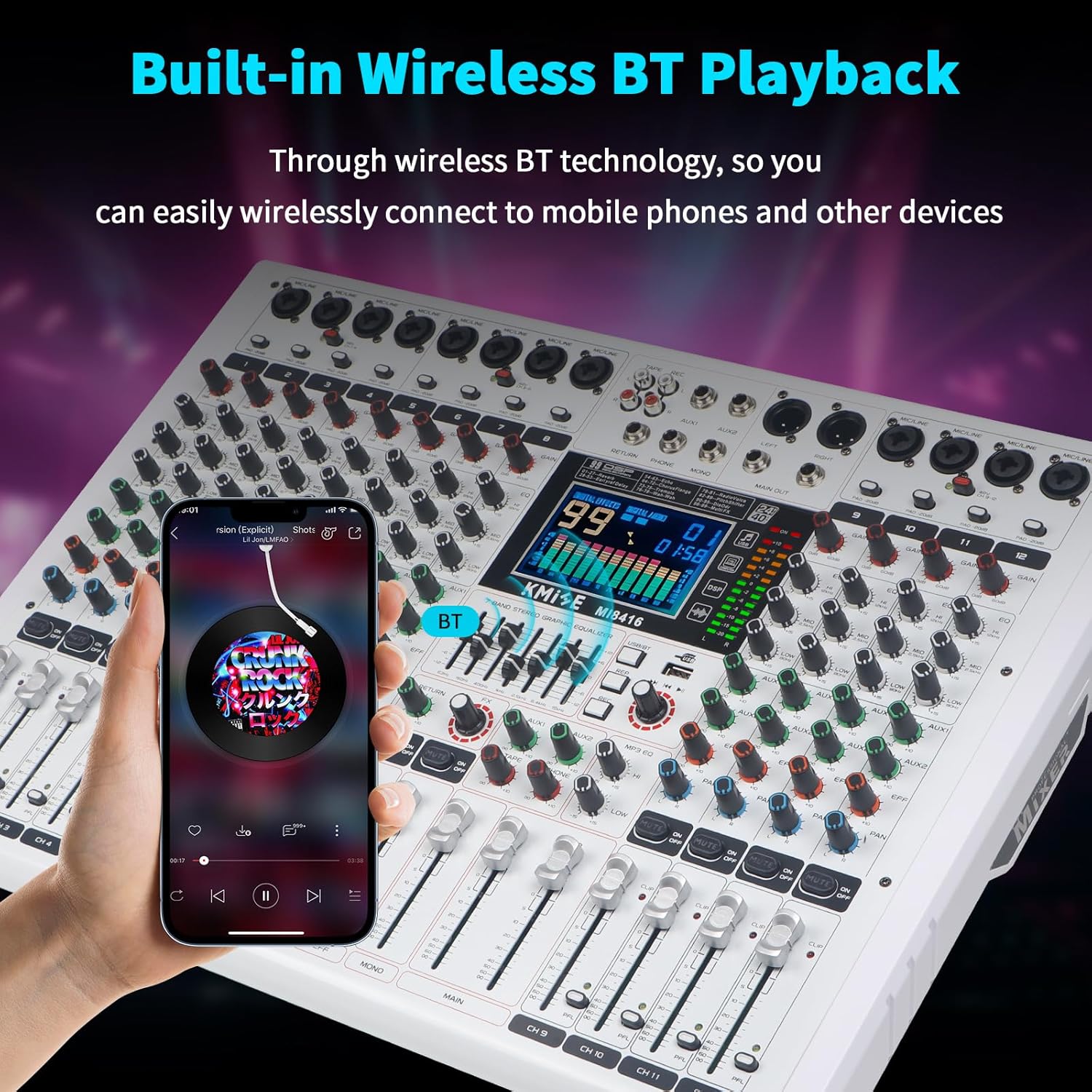 Audio Mixer 12 Channel Digital Audio Pro-Series Sound Board Console System Interface with DJ Mixer Board Capabilities, 7 Band EQ, LED Display 48V and Sound BT Mixer USB/SD/FM/WMA Output