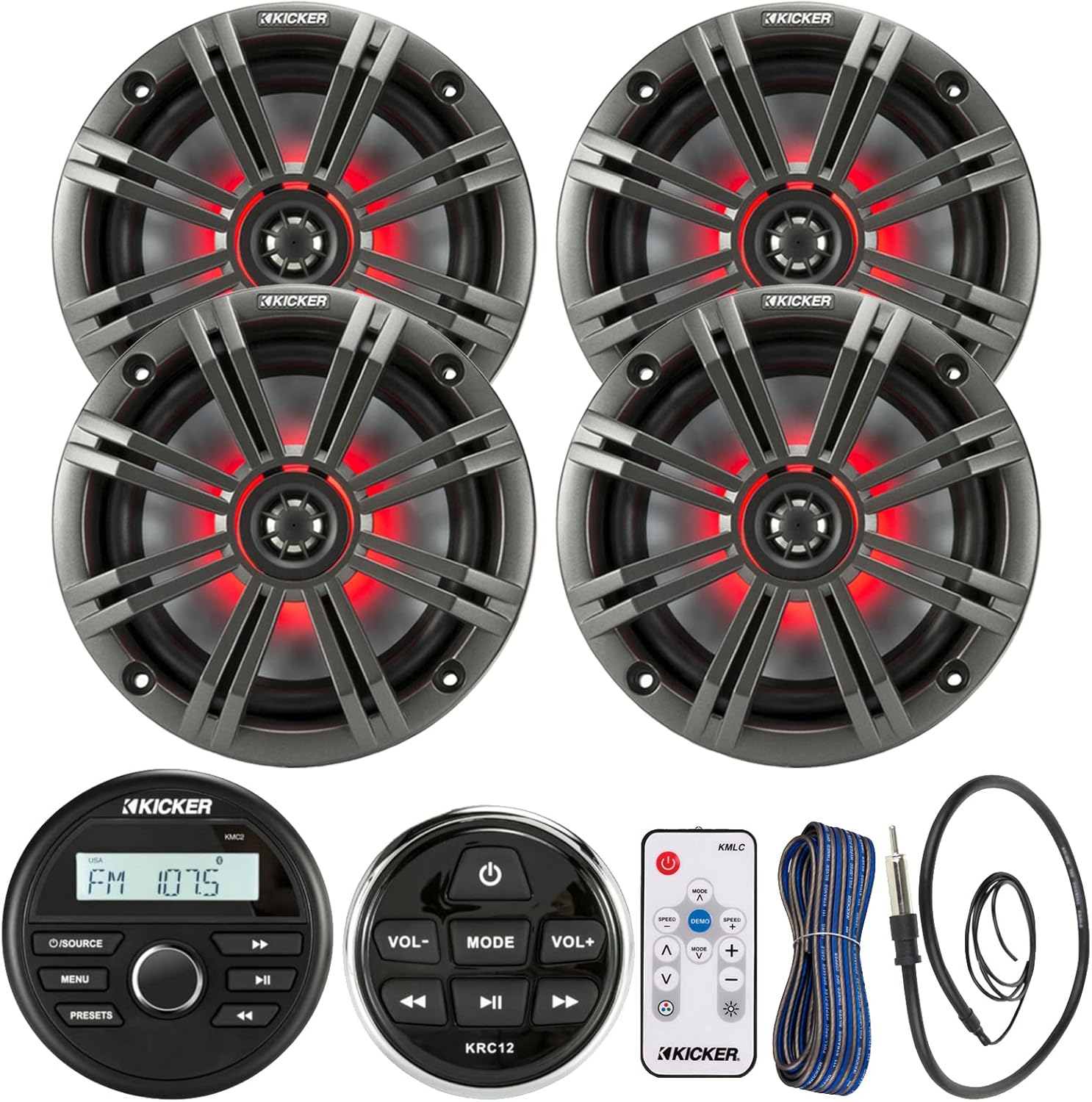 Kicker All-Weather Marine Gauge Style Bluetooth USB Stereo Receiver Bundle with Wired Remote, 4X 6.5 2-Way 195W Max Coaxial Marine LED Speakers w/Remote, Charcoal Grilles, Wire, Antenna