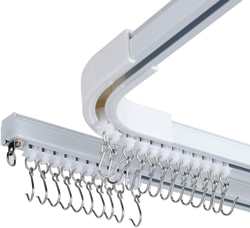 Aluminum alloy ceiling curtain tracks with hooks & corner connectors (Set of 2), heavy-duty room partition curtain rod tracks, suitable for living rooms, bedrooms, and bathroom(6-9 ft Track Set)White