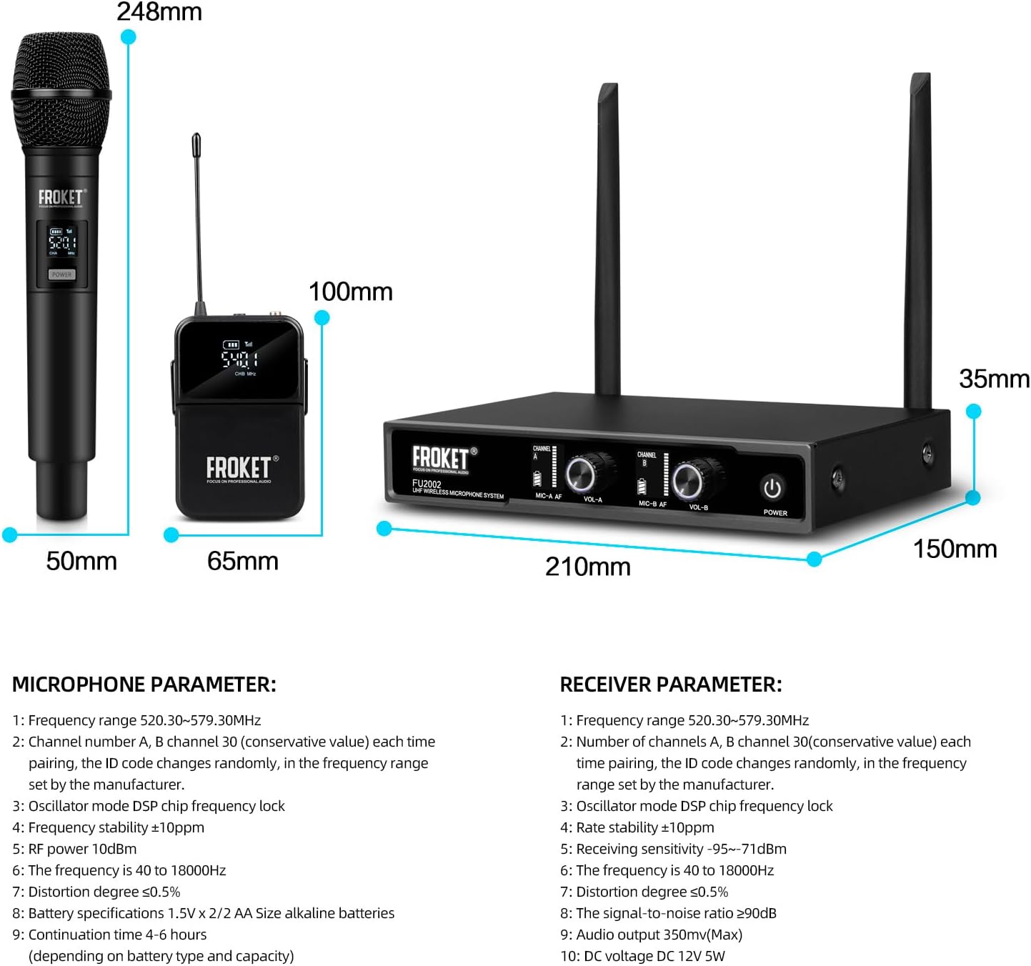 FU-2002 Dual Handheld UHF Wireless Microphone System - 260ft Range, Auto Pairing, LCD Display for Church/Speech/Meeting