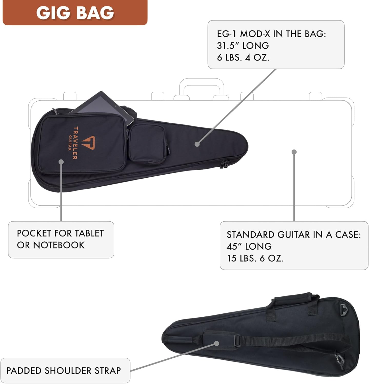 EG-1 Mod-X Electric Hybrid Travel Guitar w/Deluxe Gig Bag