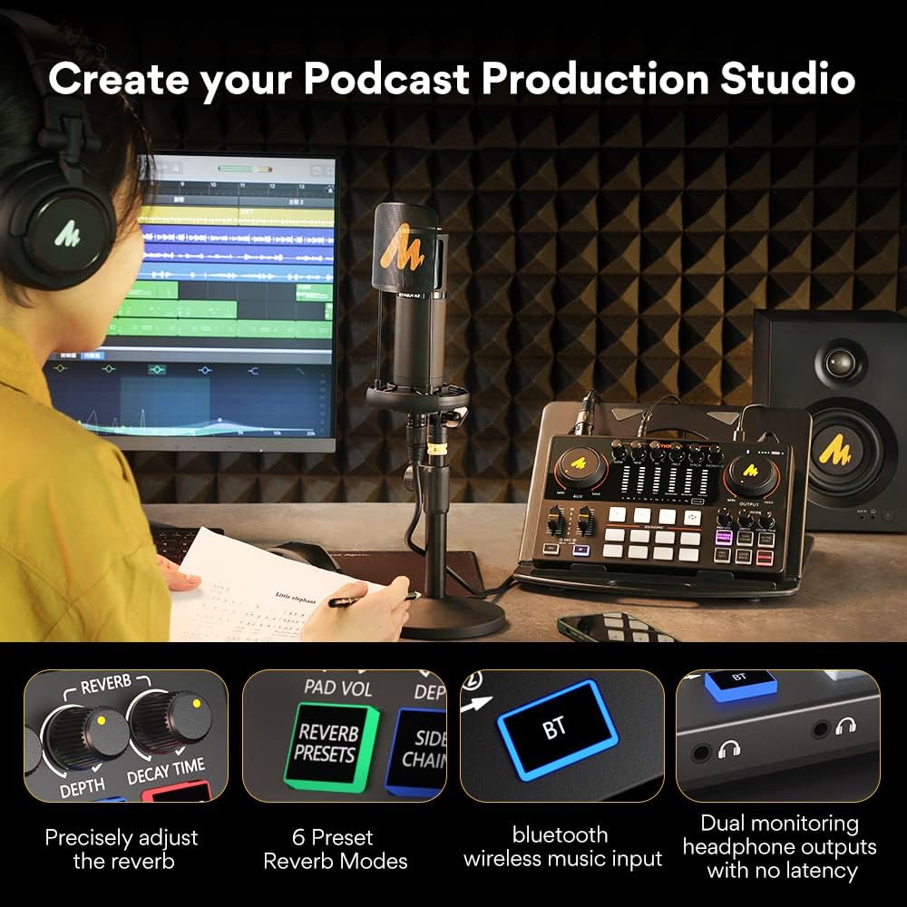 Audio Interface with Studio Headphone-Podcast Equipment-MAONO-MaonoCaster-All in One - with premium mic preamp for Podcast Recording, Streaming, Youtube, PC, Smartphone