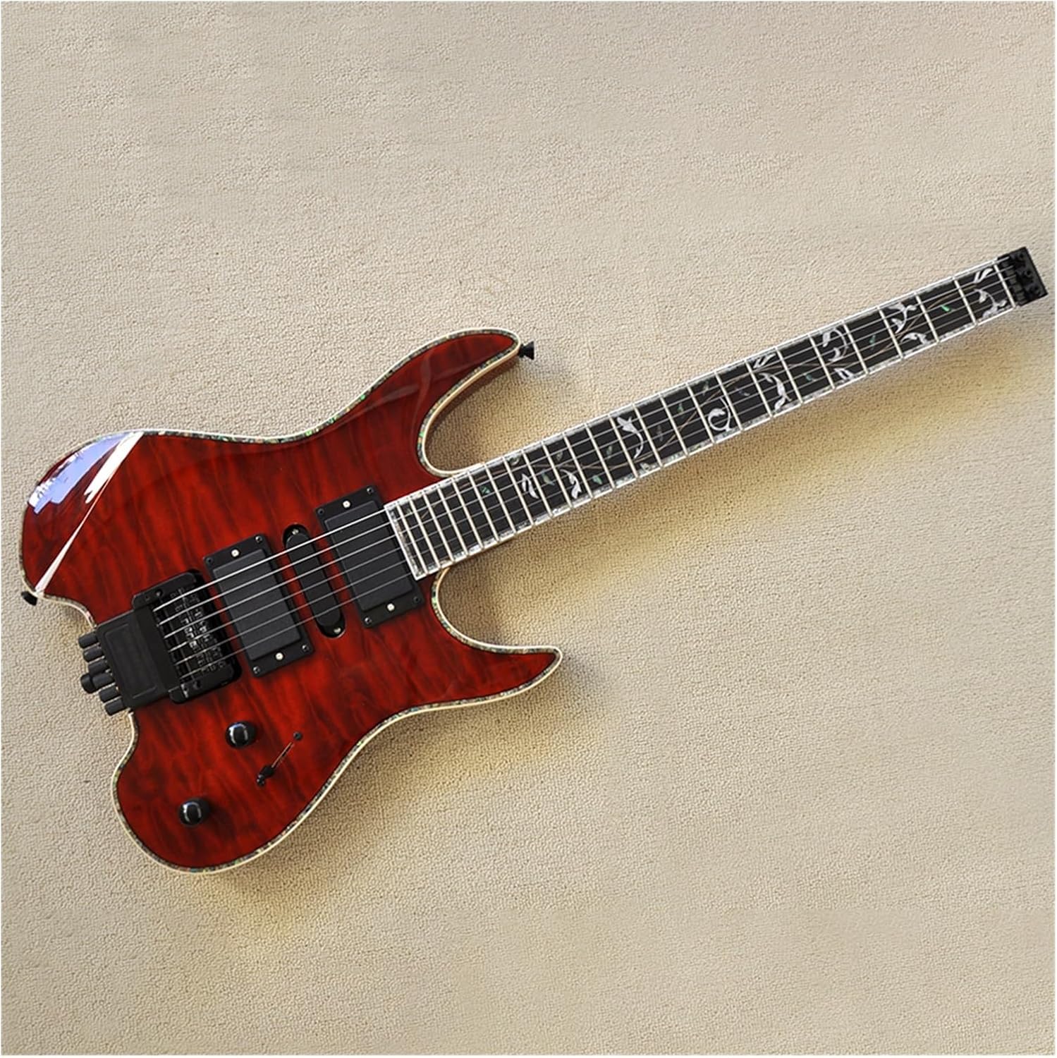 VENEKA Headless Electric Guitar Easy to Carry Red 39 Inches Headless Electric Guitar with Basswood Body Rosewood Fretboard