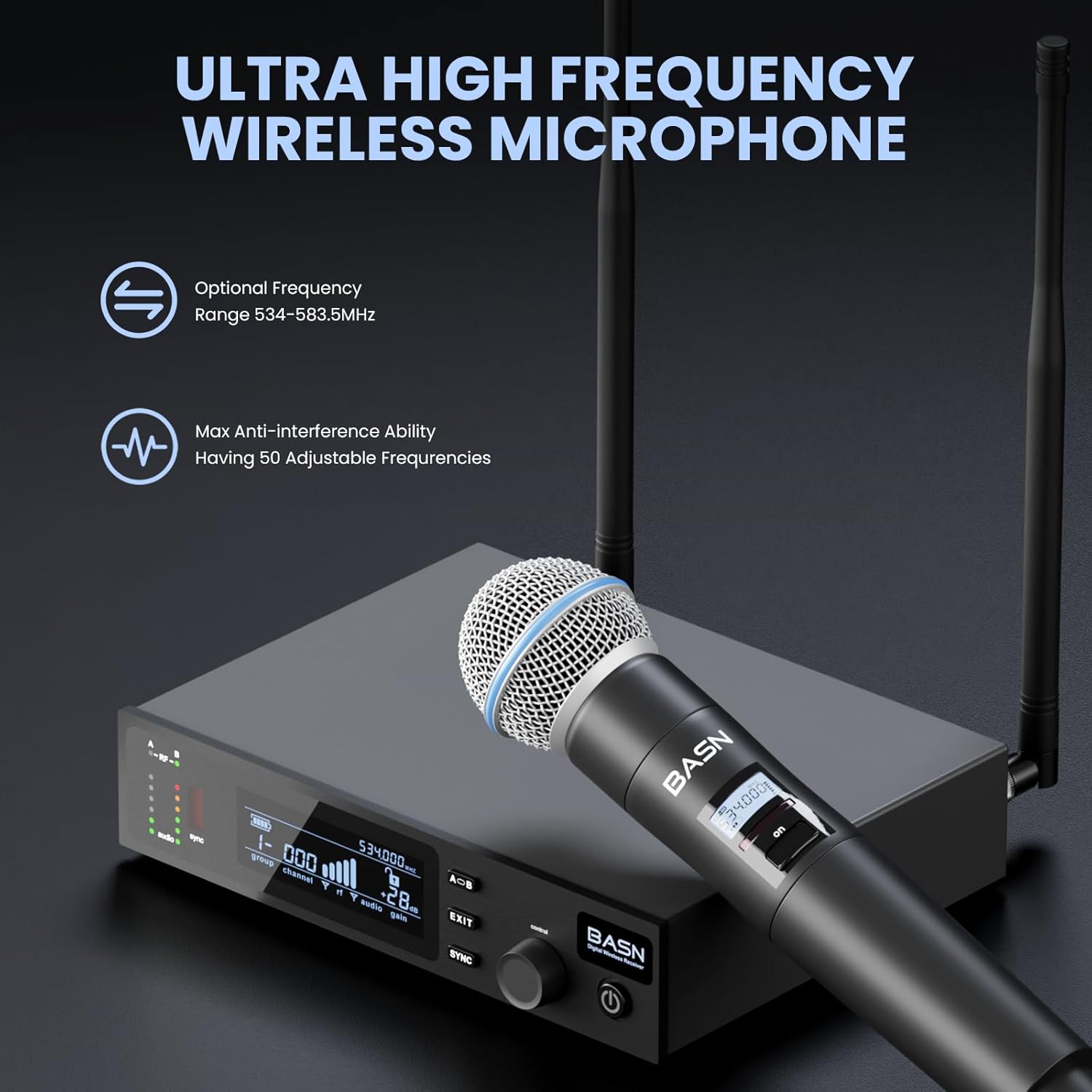 BASN UHF Dual Channel Wireless Microphone System, Handheld Mics for Stage, Karaoke, Weddings, DJ, and Events (Black)