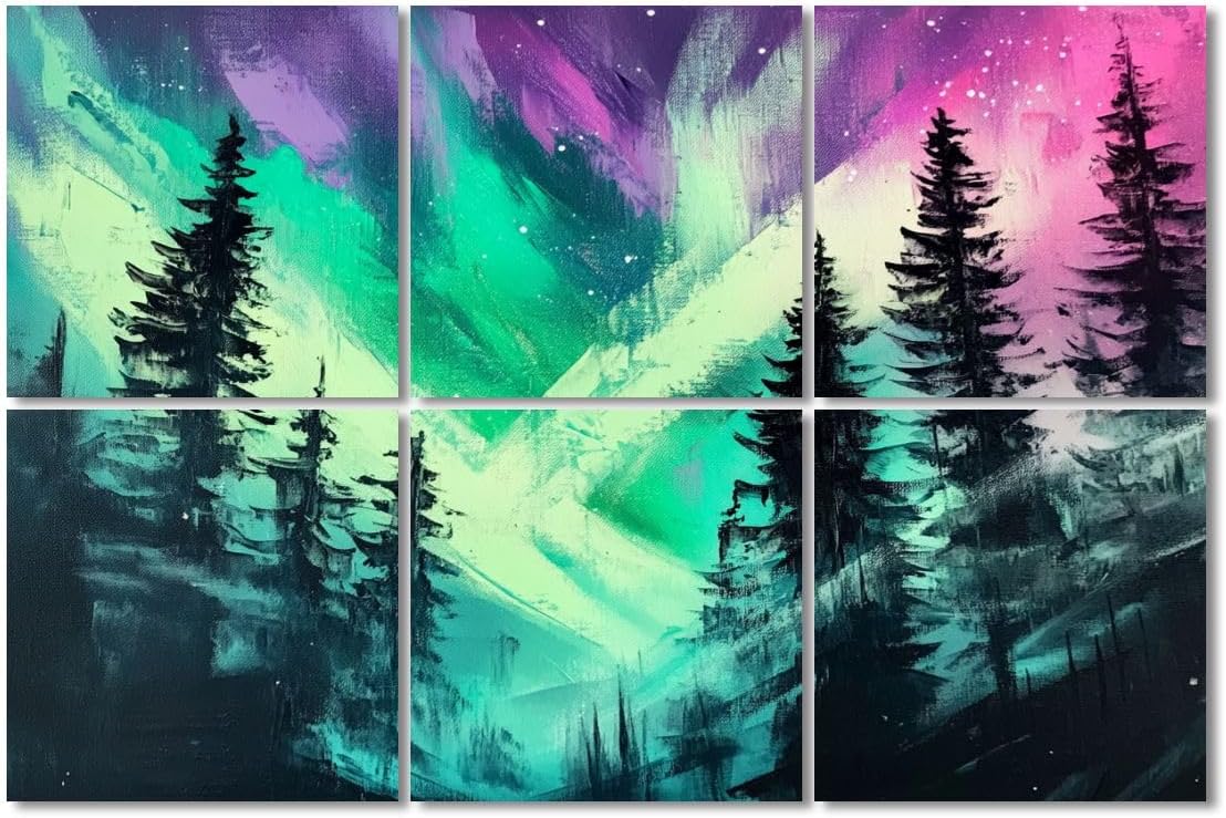 6 Pack Art Acoustic Panels Sound Absorbing Green Purple Trees Lights Starry Scenery Silhouette Colorful Abstract Decorative Soundproof Wall Panels Self Adhesive for Recording Studios Office 72
