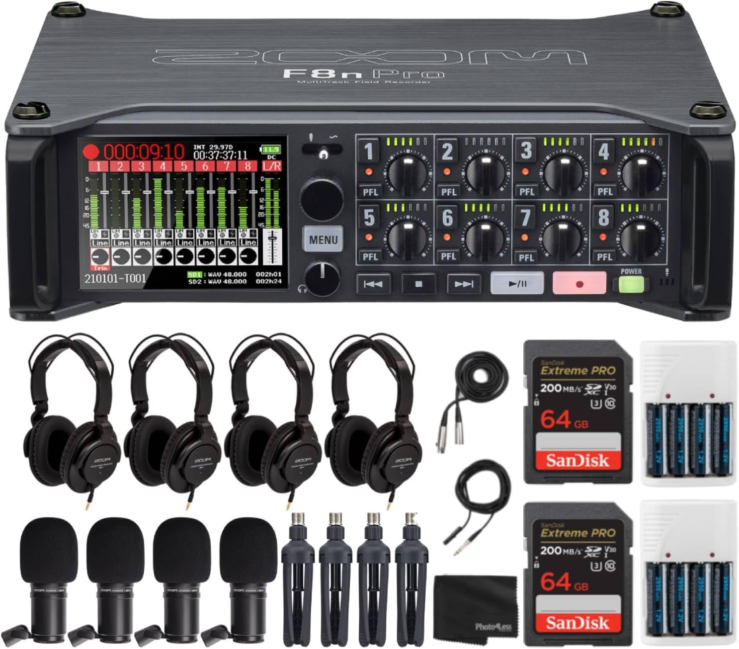 Zoom F8n Pro MultiTrack Field Recorder Bundles with 4x Zoom ZDM-1 Podcast Mic Pack with 2x 4 AA Batteries & Charger and 2x 64GB Extreme PRO Memory Card