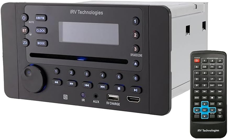 iRV Technology iRV63 Wall Mount RV Stereo 3 Zones w/7 Speakers Output, NFC Bluetooth, HDMI ARC, App Control, FM|AM|DVD|CD|MP4|NFC USB Charging, Digital Surround Sound, CEC Support (3 Zones+7 Speakers)