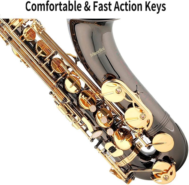 Mendini By Cecilio Tenor Saxophone - B Flat Black Golden Lacquer Saxophone for Beginner Musicians with Hard Case, Tuner, Mouthpiece, 10 Reeds, Polishing Cloth, Cleaning Rod, Gloves, Strap