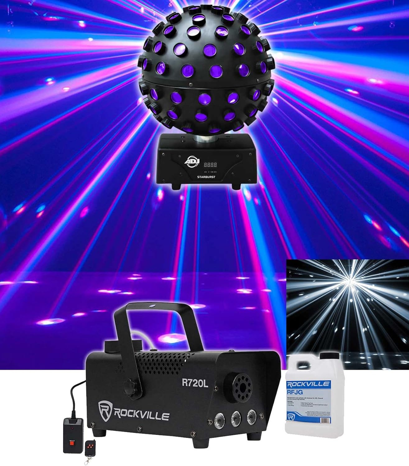 American DJ ADJ Starburst LED Sphere Shooting Beam Lighting Effect+Fog Machine