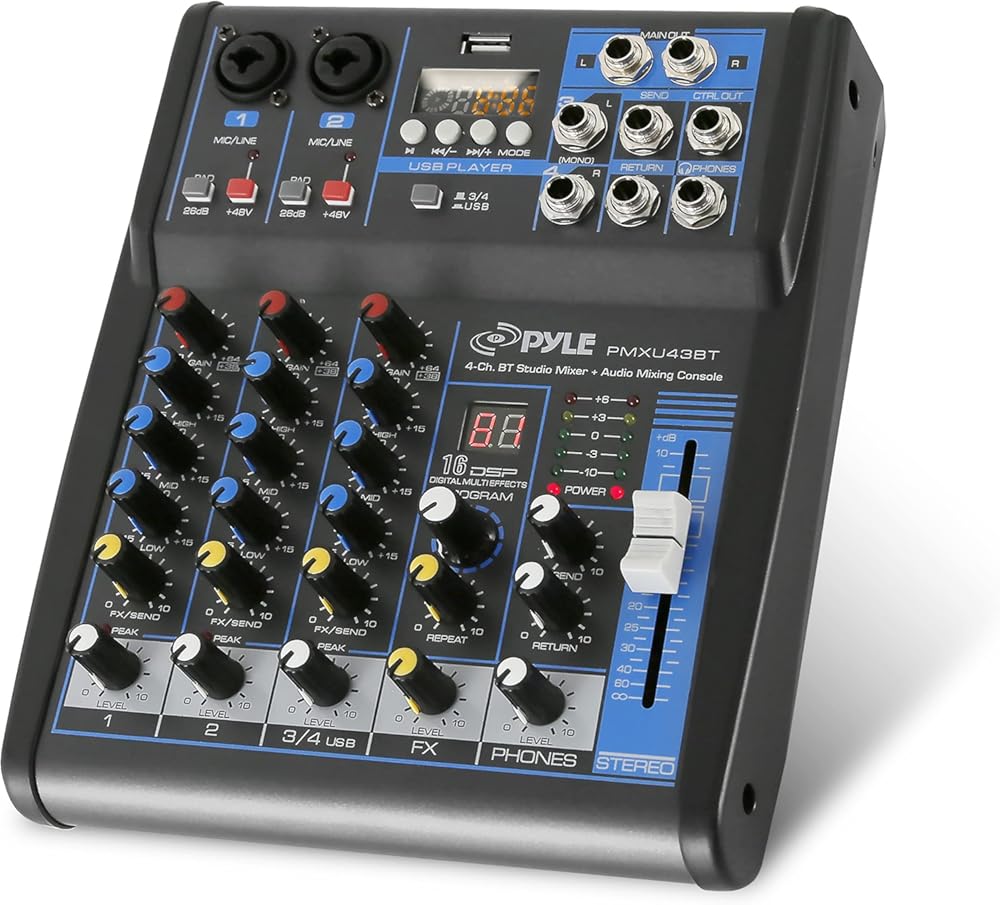 Pyle Professional Audio Mixer Sound Board Console System - 4 Channel -Bluetooth - USB MP3 Computer Input - 48V Phantom Power - Stereo DJ Studio Streaming FX 16-Bit DSP processor - PMXU43BT