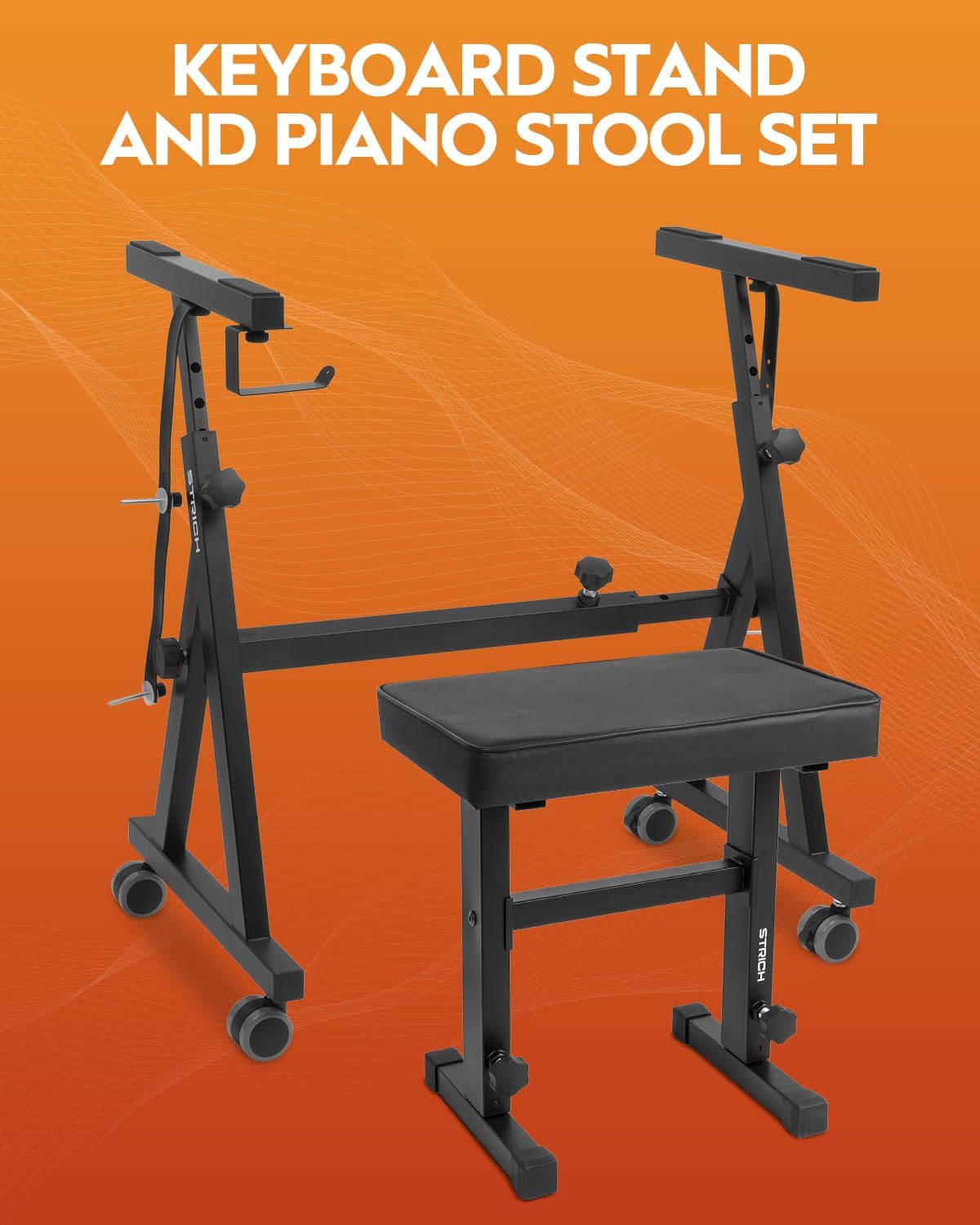 STRICH Piano Keyboard Stand Stool Set, Portable Heavy Duty Stand for 54-88 Key Electric Digital Pianos & Adjustable Piano Bench, Chair, Black, SKT-02 & SPB-M50